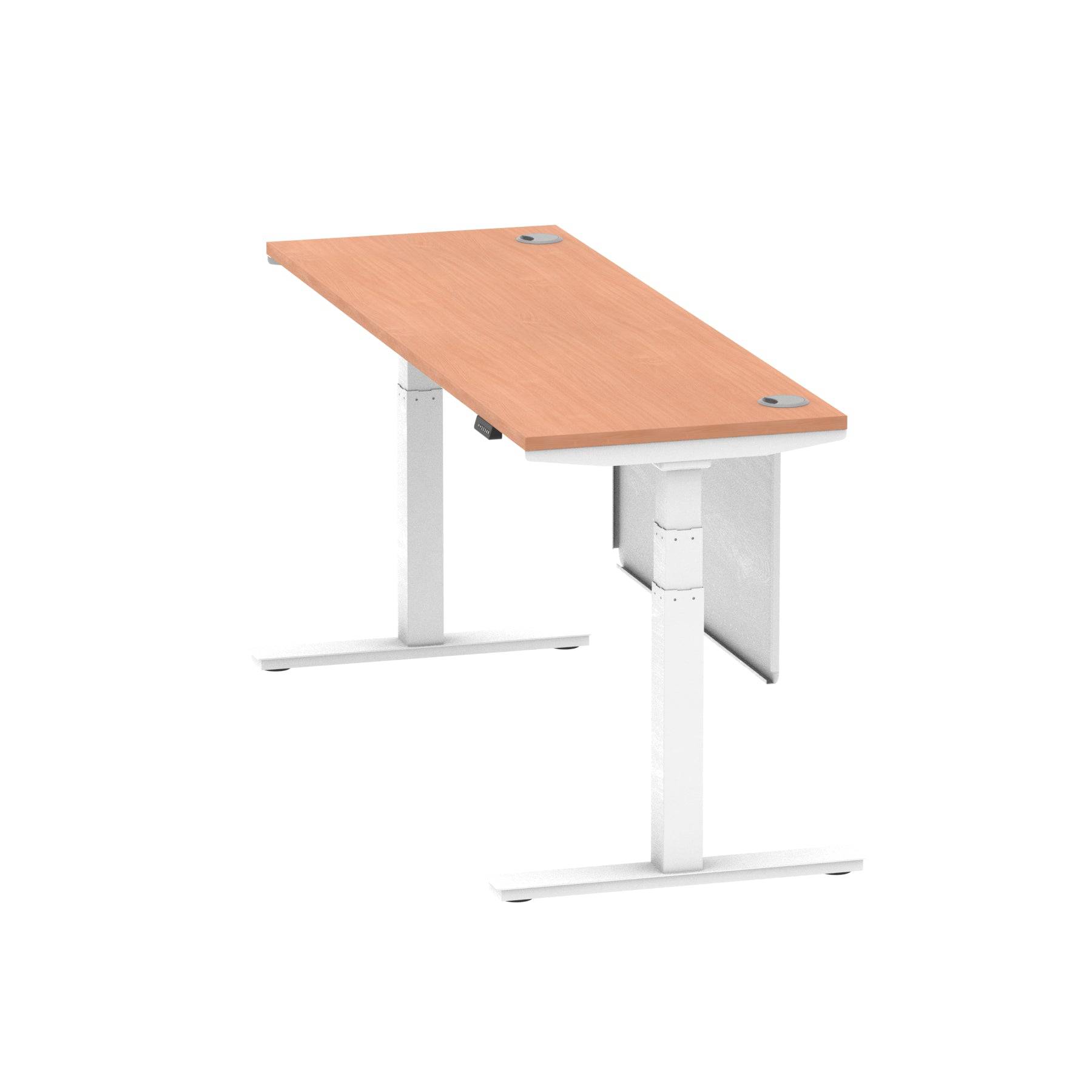 Air Modesty 600mm Height Adjustable Office Desk Beech Top Cable Ports White Leg With White Steel Modesty Panel - Price Crash Furniture