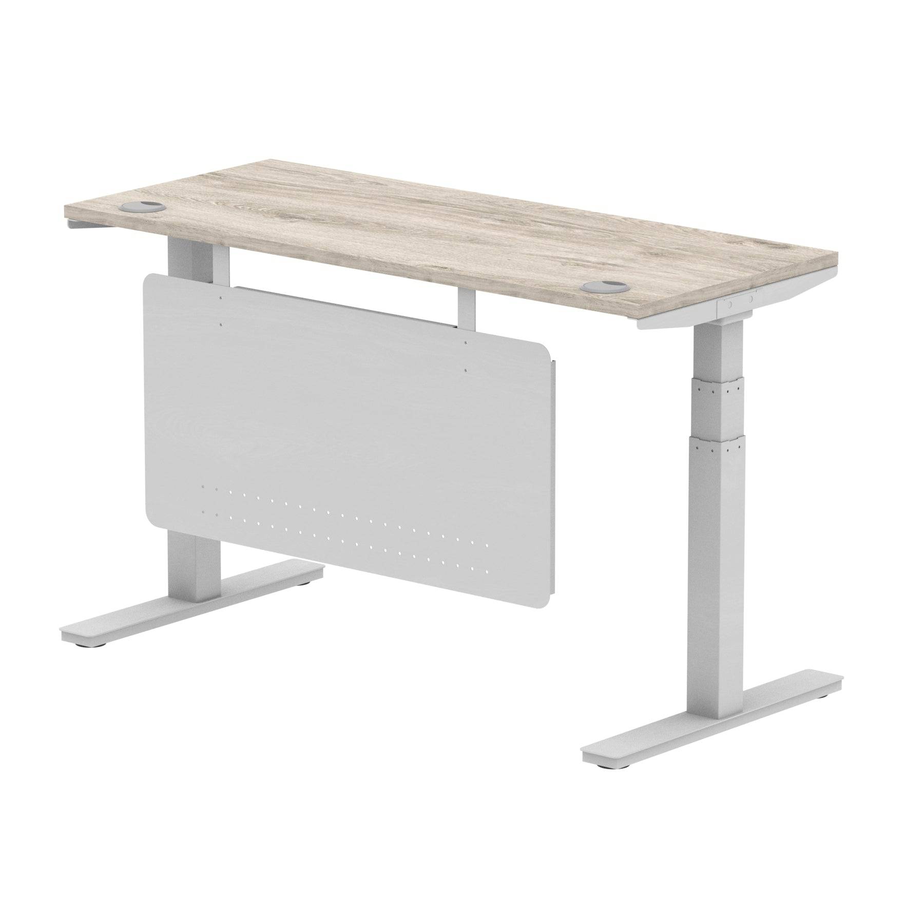 Air Modesty 600mm Height Adjustable Office Desk Grey Oak Top Cable Ports Silver Leg With Silver Steel Modesty Panel - Price Crash Furniture