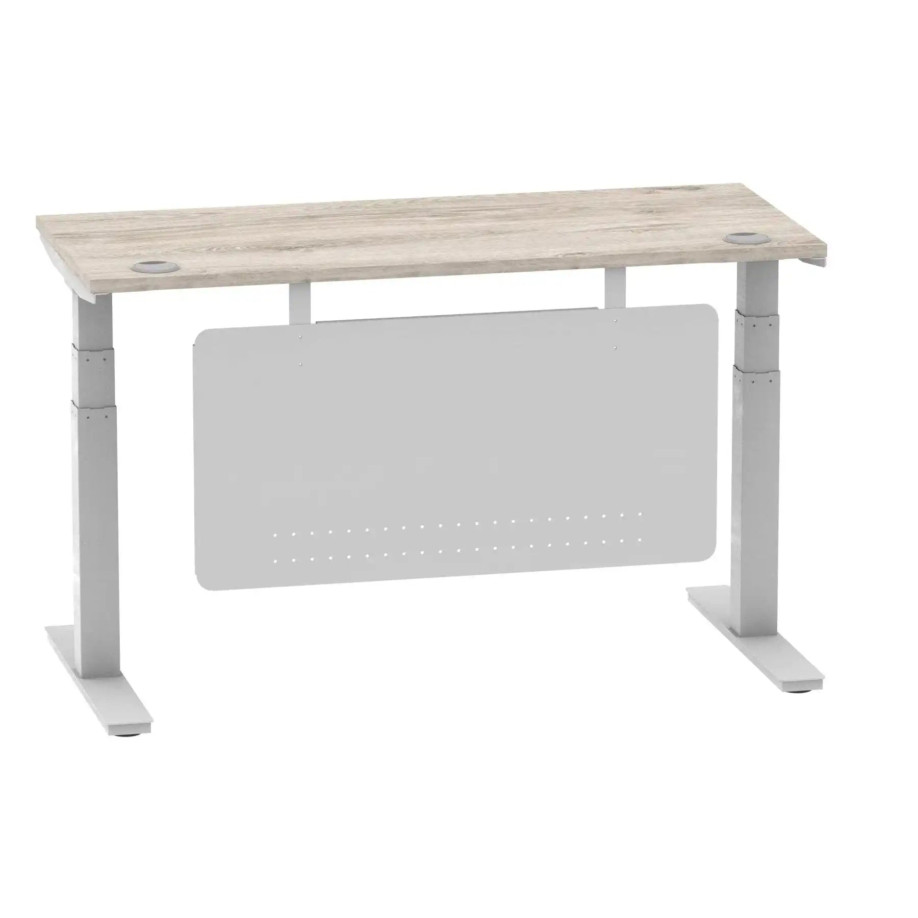 Air Modesty 600mm Height Adjustable Office Desk Grey Oak Top Cable Ports Silver Leg With Silver Steel Modesty Panel - Price Crash Furniture