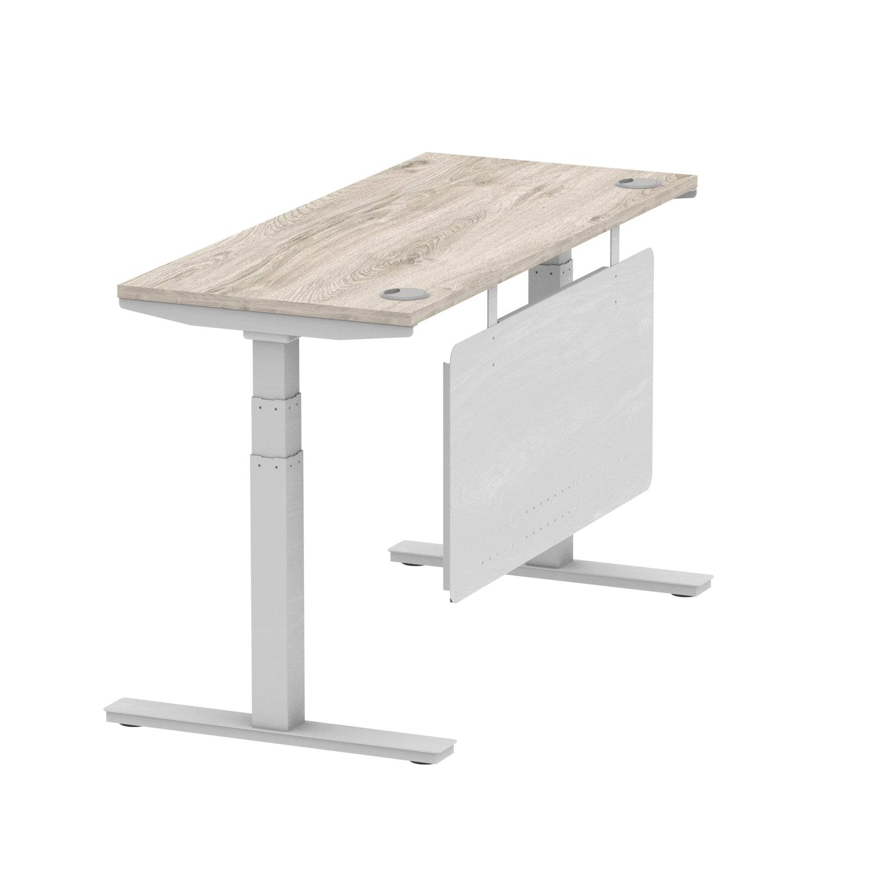 Air Modesty 600mm Height Adjustable Office Desk Grey Oak Top Cable Ports Silver Leg With Silver Steel Modesty Panel - Price Crash Furniture