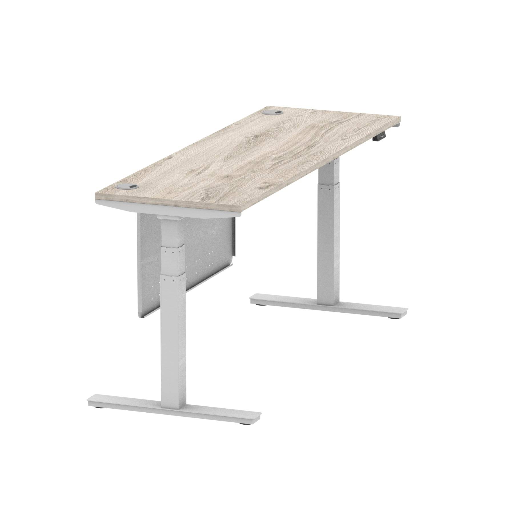 Air Modesty 600mm Height Adjustable Office Desk Grey Oak Top Cable Ports Silver Leg With Silver Steel Modesty Panel - Price Crash Furniture