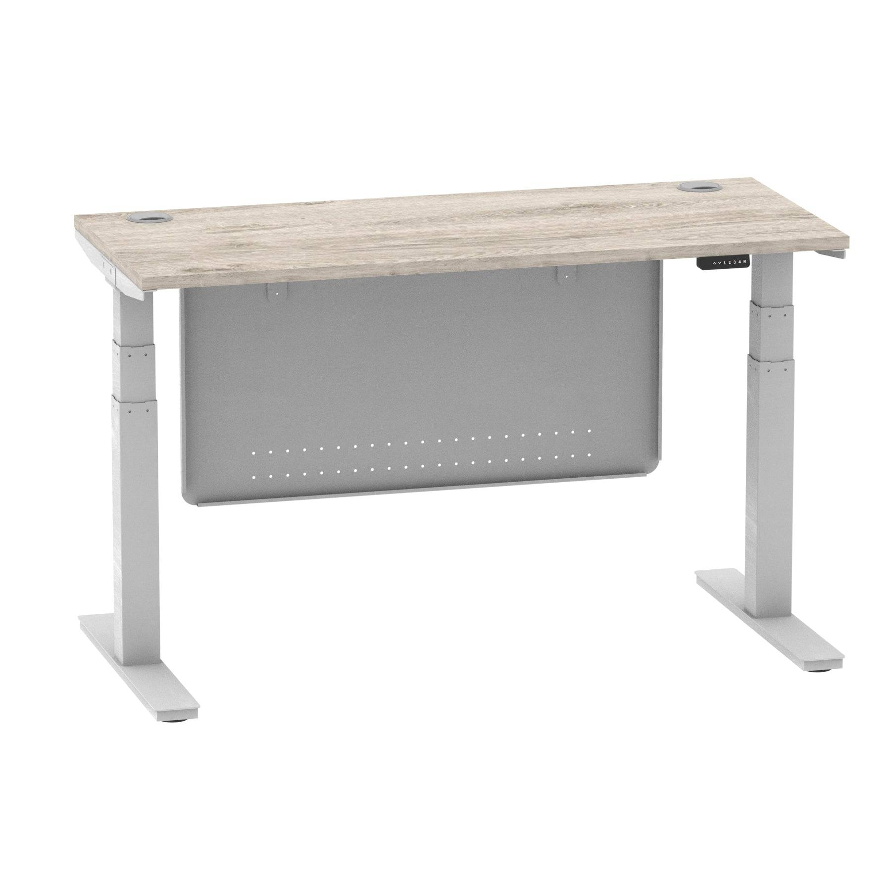 Air Modesty 600mm Height Adjustable Office Desk Grey Oak Top Cable Ports Silver Leg With Silver Steel Modesty Panel - Price Crash Furniture