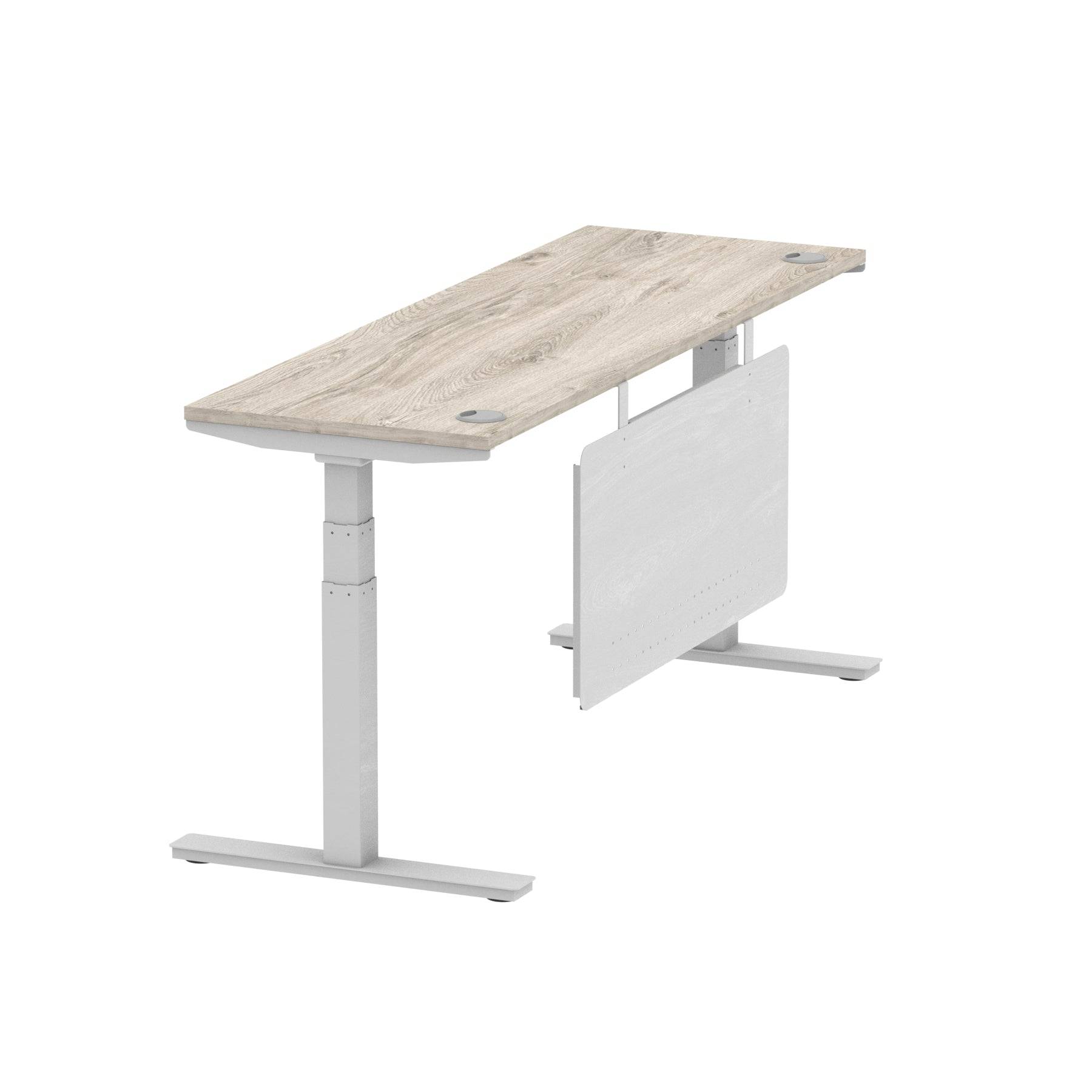 Air Modesty 600mm Height Adjustable Office Desk Grey Oak Top Cable Ports Silver Leg With Silver Steel Modesty Panel - Price Crash Furniture