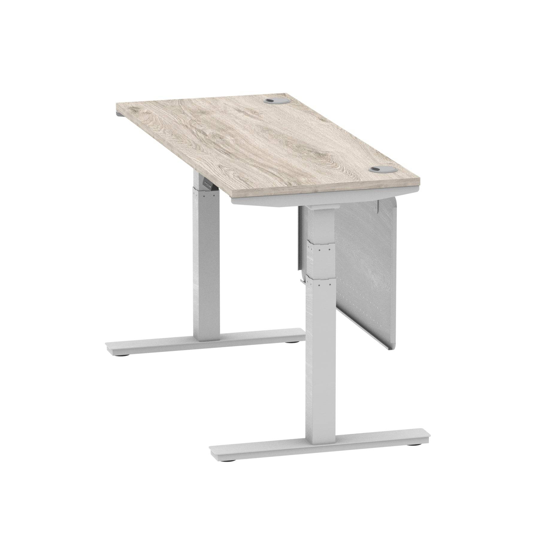 Air Modesty 600mm Height Adjustable Office Desk Grey Oak Top Cable Ports Silver Leg With Silver Steel Modesty Panel - Price Crash Furniture