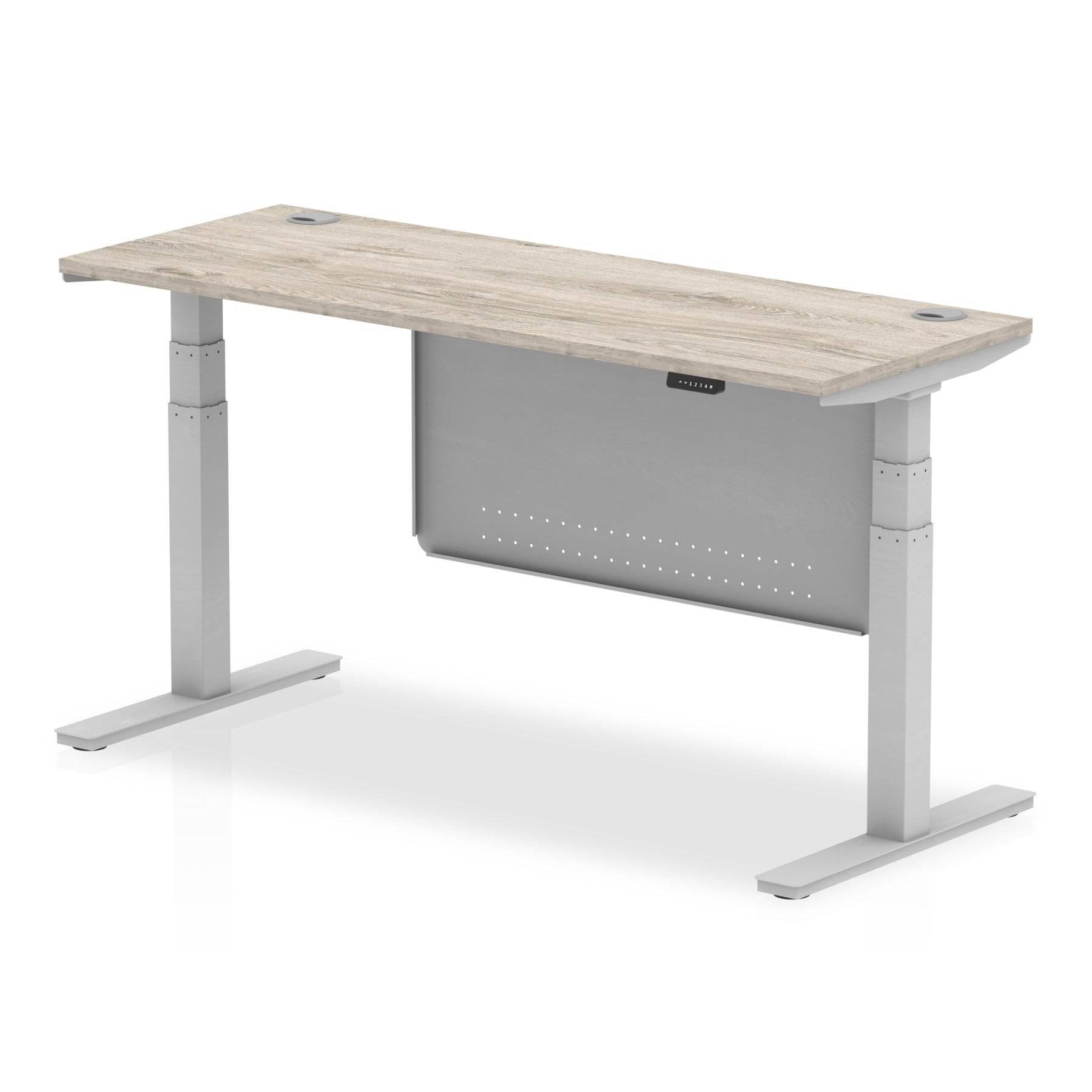 Air Modesty 600mm Height Adjustable Office Desk Grey Oak Top Cable Ports Silver Leg With Silver Steel Modesty Panel - Price Crash Furniture