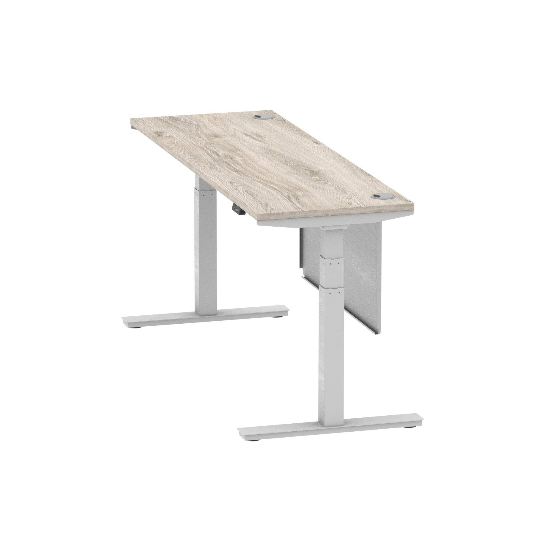 Air Modesty 600mm Height Adjustable Office Desk Grey Oak Top Cable Ports Silver Leg With Silver Steel Modesty Panel - Price Crash Furniture