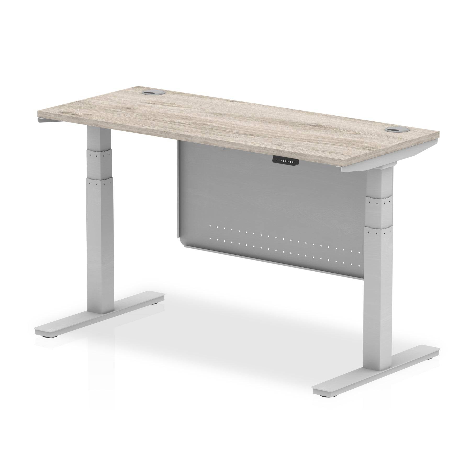 Air Modesty 600mm Height Adjustable Office Desk Grey Oak Top Cable Ports Silver Leg With Silver Steel Modesty Panel - Price Crash Furniture