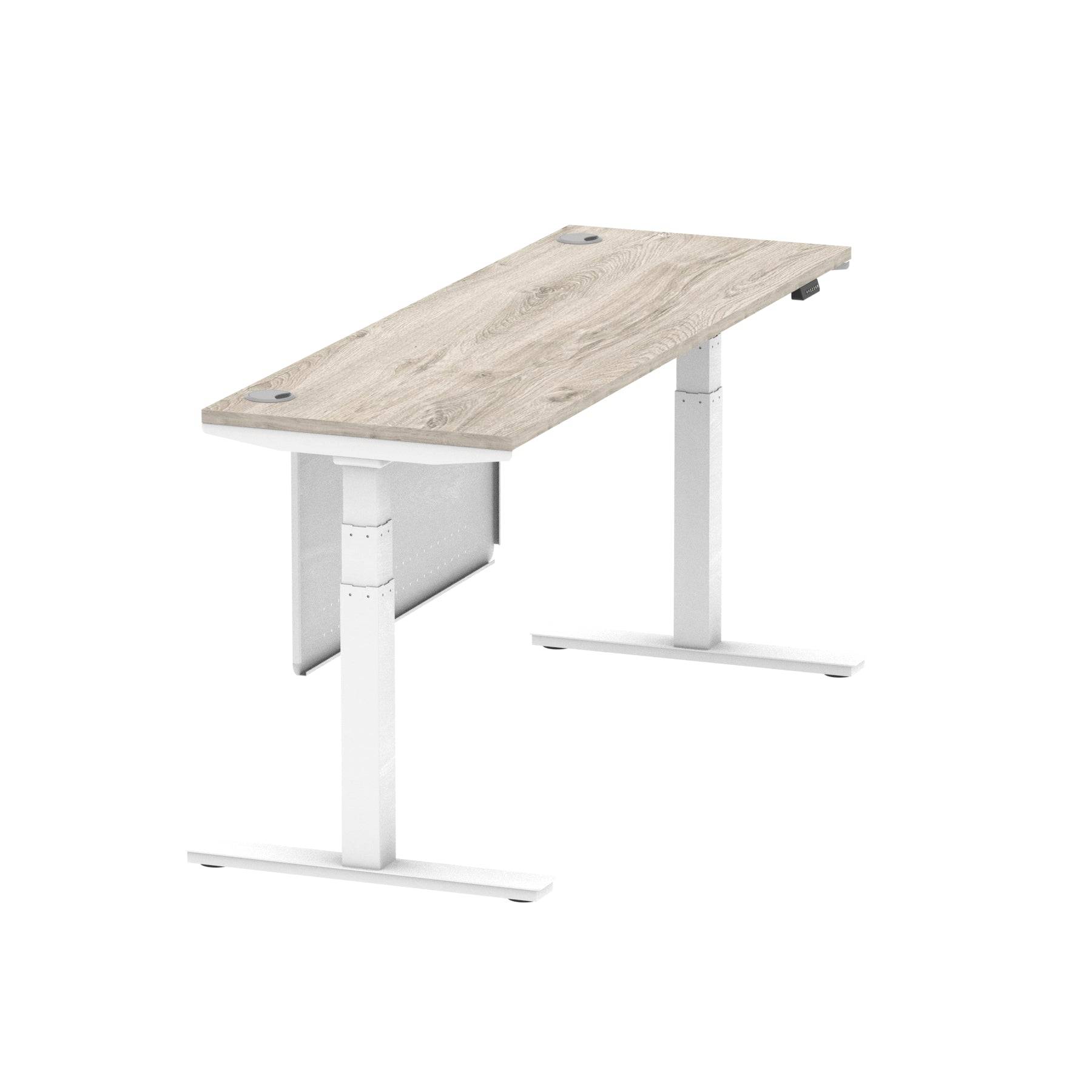 Air Modesty 600mm Height Adjustable Office Desk Grey Oak Top Cable Ports White Leg With White Steel Modesty Panel - Price Crash Furniture