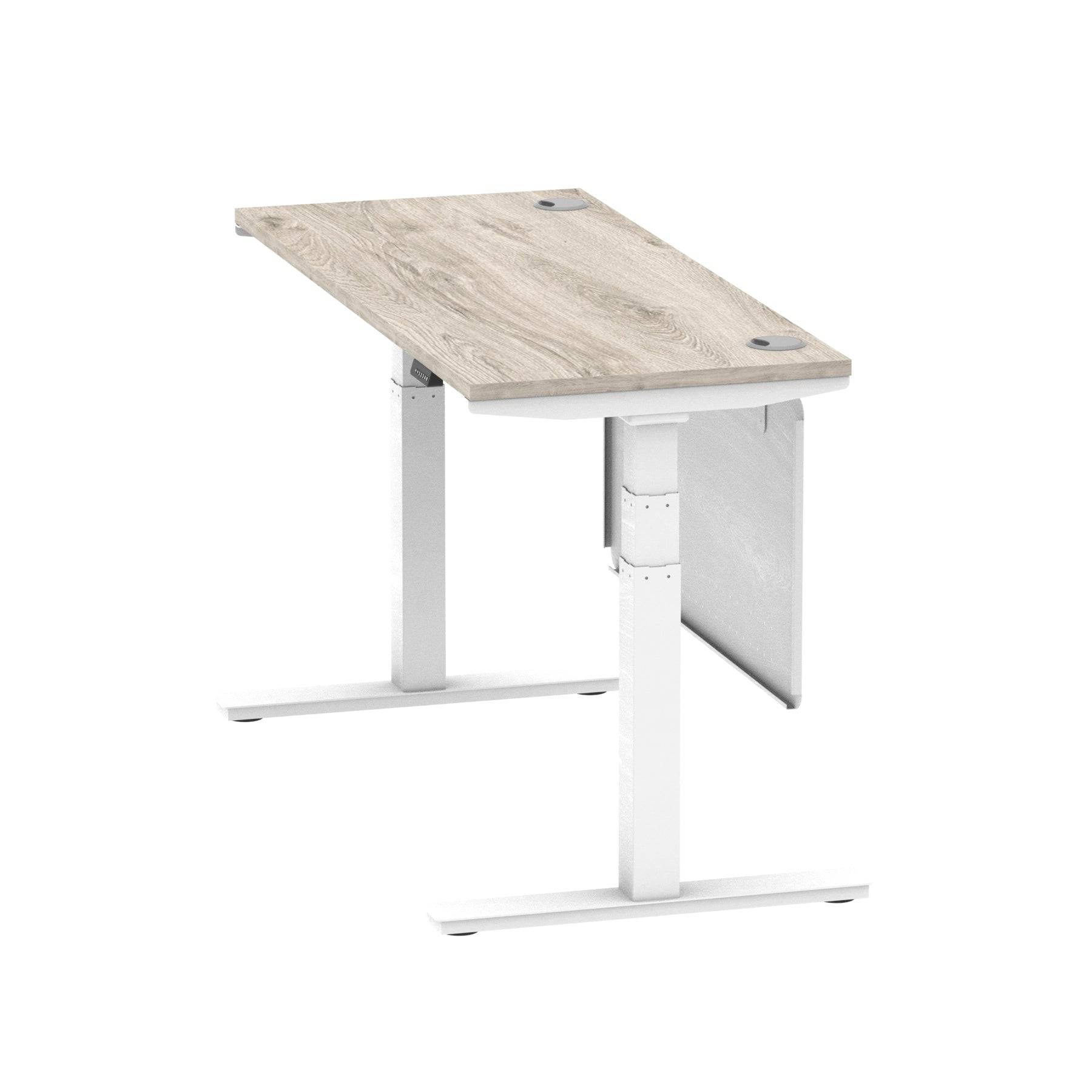 Air Modesty 600mm Height Adjustable Office Desk Grey Oak Top Cable Ports White Leg With White Steel Modesty Panel - Price Crash Furniture