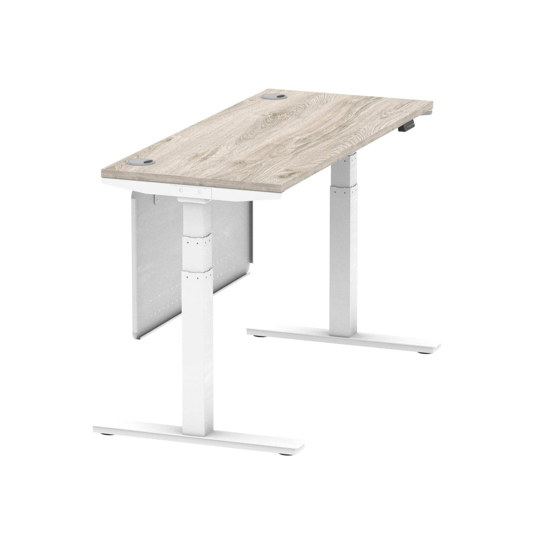 Air Modesty 600mm Height Adjustable Office Desk Grey Oak Top Cable Ports White Leg With White Steel Modesty Panel - Price Crash Furniture