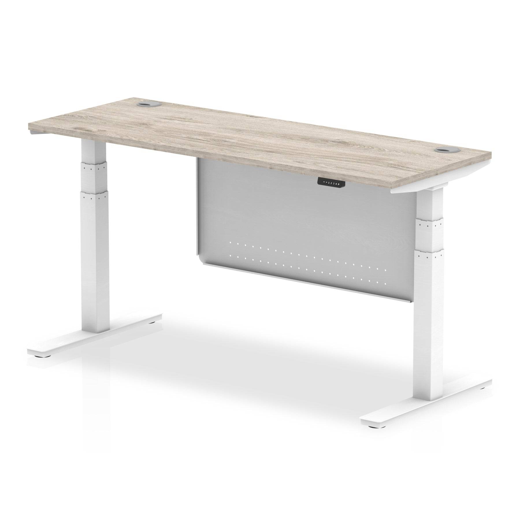 Air Modesty 600mm Height Adjustable Office Desk Grey Oak Top Cable Ports White Leg With White Steel Modesty Panel - Price Crash Furniture