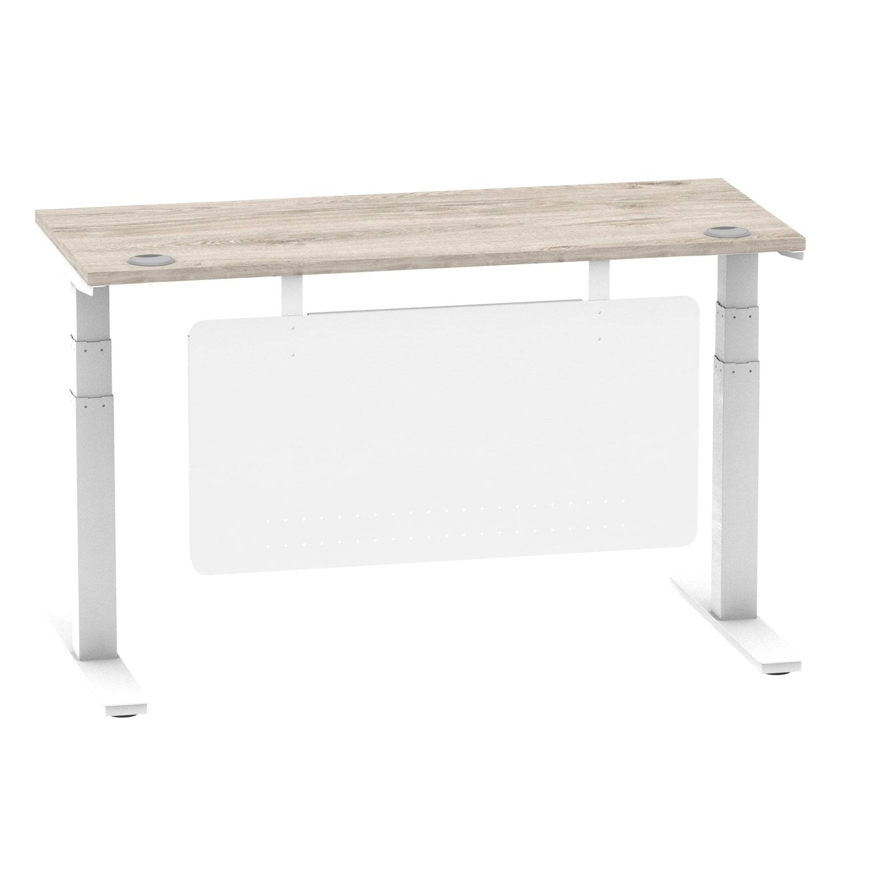 Air Modesty 600mm Height Adjustable Office Desk Grey Oak Top Cable Ports White Leg With White Steel Modesty Panel - Price Crash Furniture