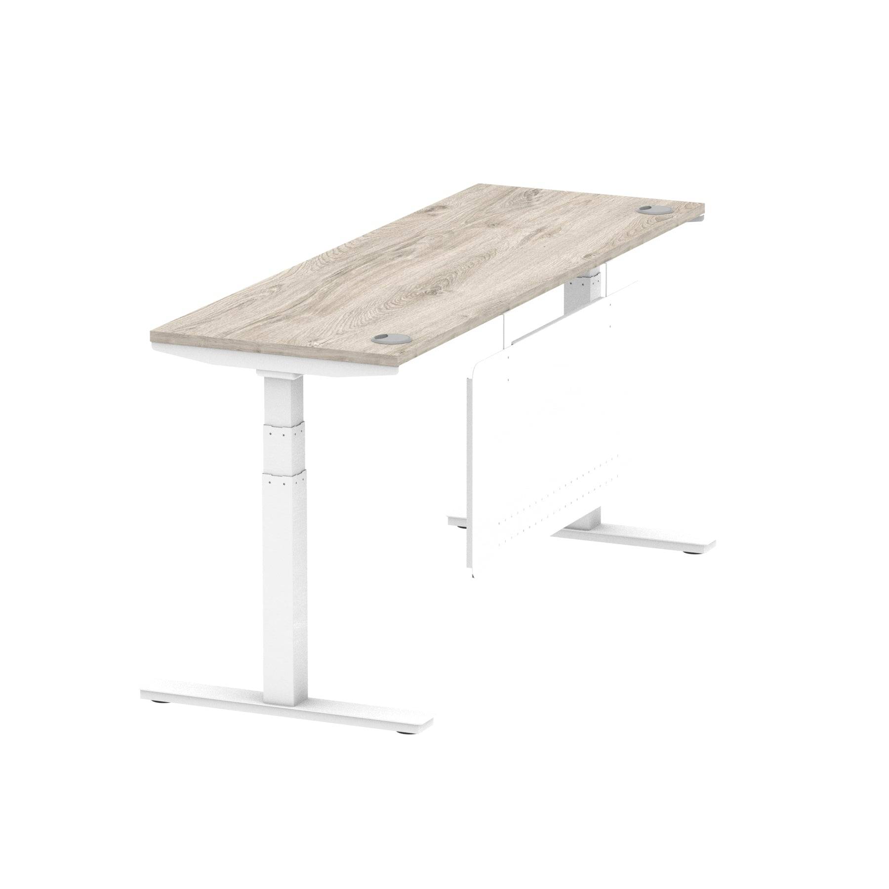 Air Modesty 600mm Height Adjustable Office Desk Grey Oak Top Cable Ports White Leg With White Steel Modesty Panel - Price Crash Furniture