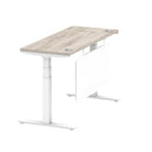 Air Modesty 600mm Height Adjustable Office Desk Grey Oak Top Cable Ports White Leg With White Steel Modesty Panel - Price Crash Furniture