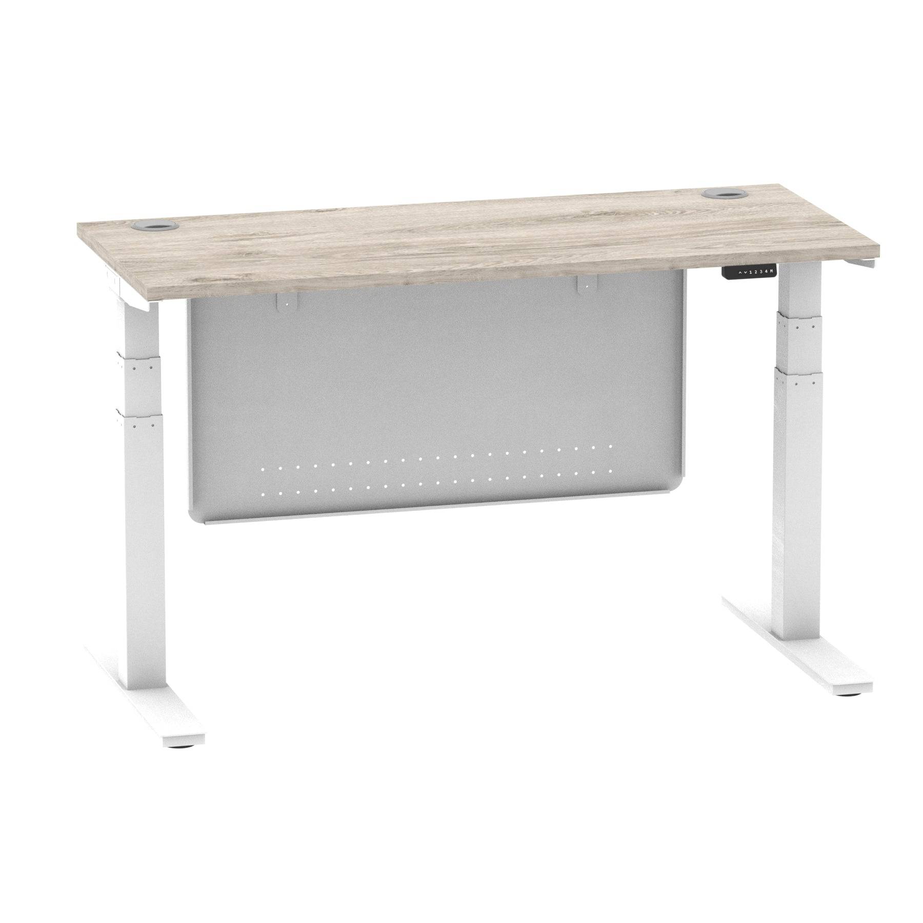 Air Modesty 600mm Height Adjustable Office Desk Grey Oak Top Cable Ports White Leg With White Steel Modesty Panel - Price Crash Furniture