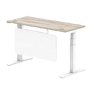 Air Modesty 600mm Height Adjustable Office Desk Grey Oak Top Cable Ports White Leg With White Steel Modesty Panel - Price Crash Furniture