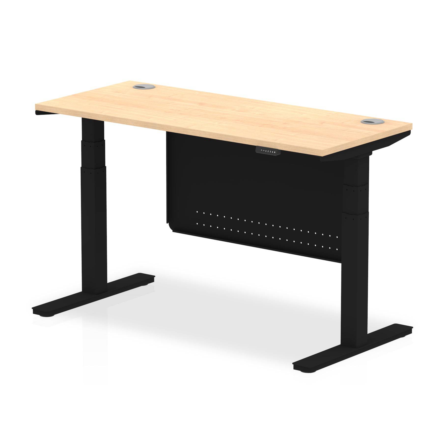 Air Modesty 600mm Height Adjustable Office Desk Maple Top Cable Ports Black Leg With Black Steel Modesty Panel - Price Crash Furniture