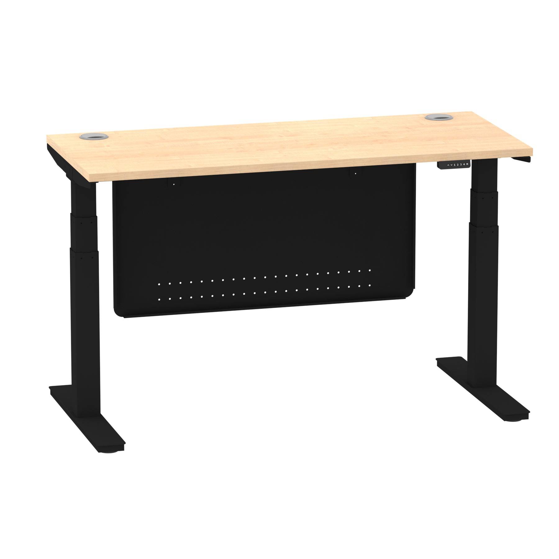 Air Modesty 600mm Height Adjustable Office Desk Maple Top Cable Ports Black Leg With Black Steel Modesty Panel - Price Crash Furniture