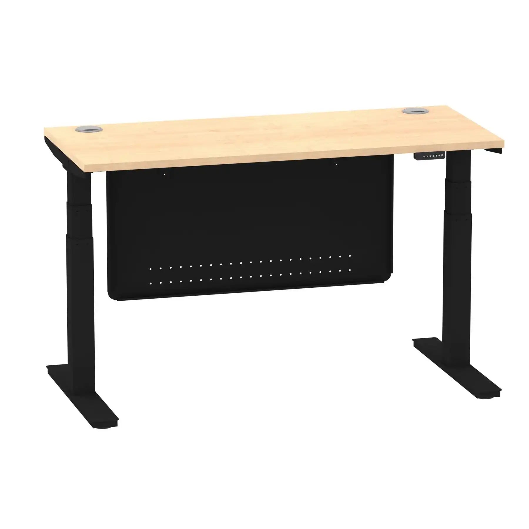 Air Modesty 600mm Height Adjustable Office Desk Maple Top Cable Ports Black Leg With Black Steel Modesty Panel - Price Crash Furniture