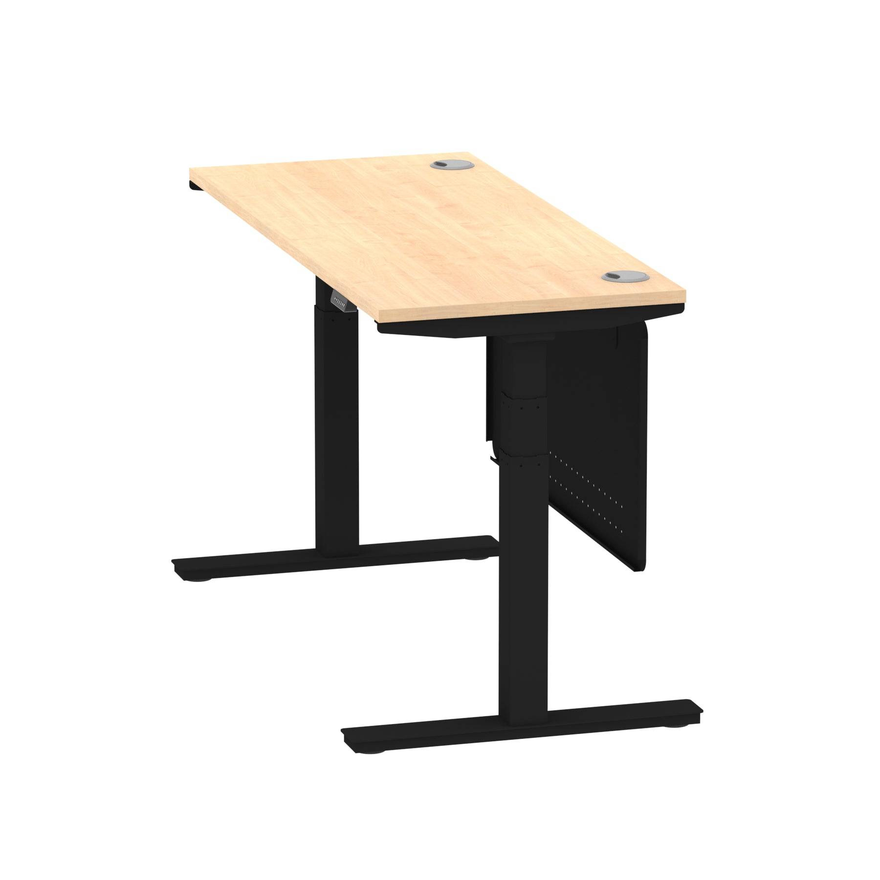 Air Modesty 600mm Height Adjustable Office Desk Maple Top Cable Ports Black Leg With Black Steel Modesty Panel - Price Crash Furniture