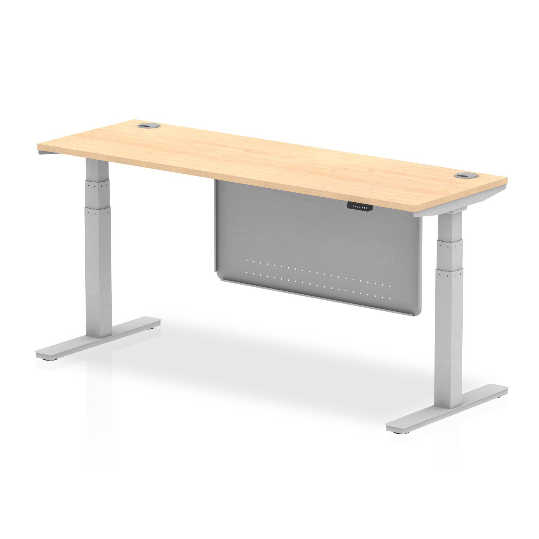 Air Modesty 600mm Height Adjustable Office Desk Maple Top Cable Ports Silver Leg With Silver Steel Modesty Panel - Price Crash Furniture