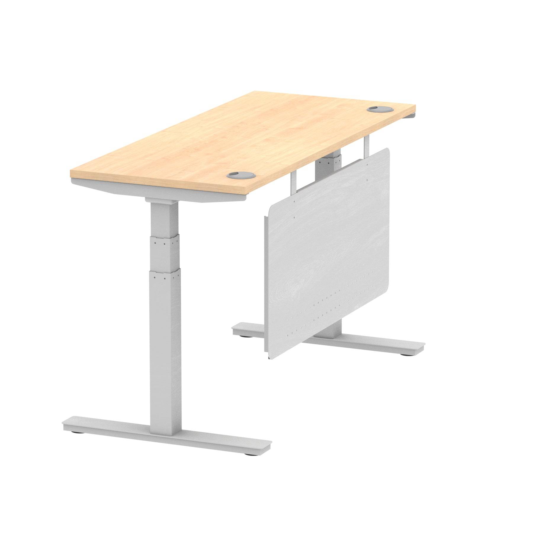 Air Modesty 600mm Height Adjustable Office Desk Maple Top Cable Ports Silver Leg With Silver Steel Modesty Panel - Price Crash Furniture