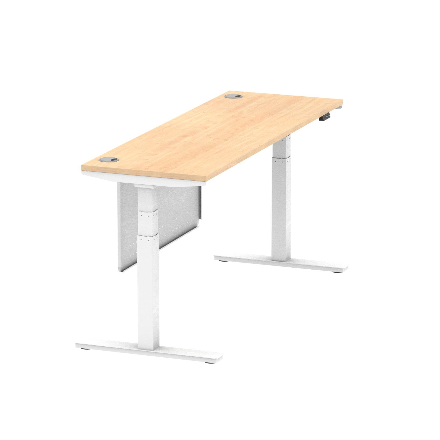 Air Modesty 600mm Height Adjustable Office Desk Maple Top Cable Ports White Leg With White Steel Modesty Panel - Price Crash Furniture