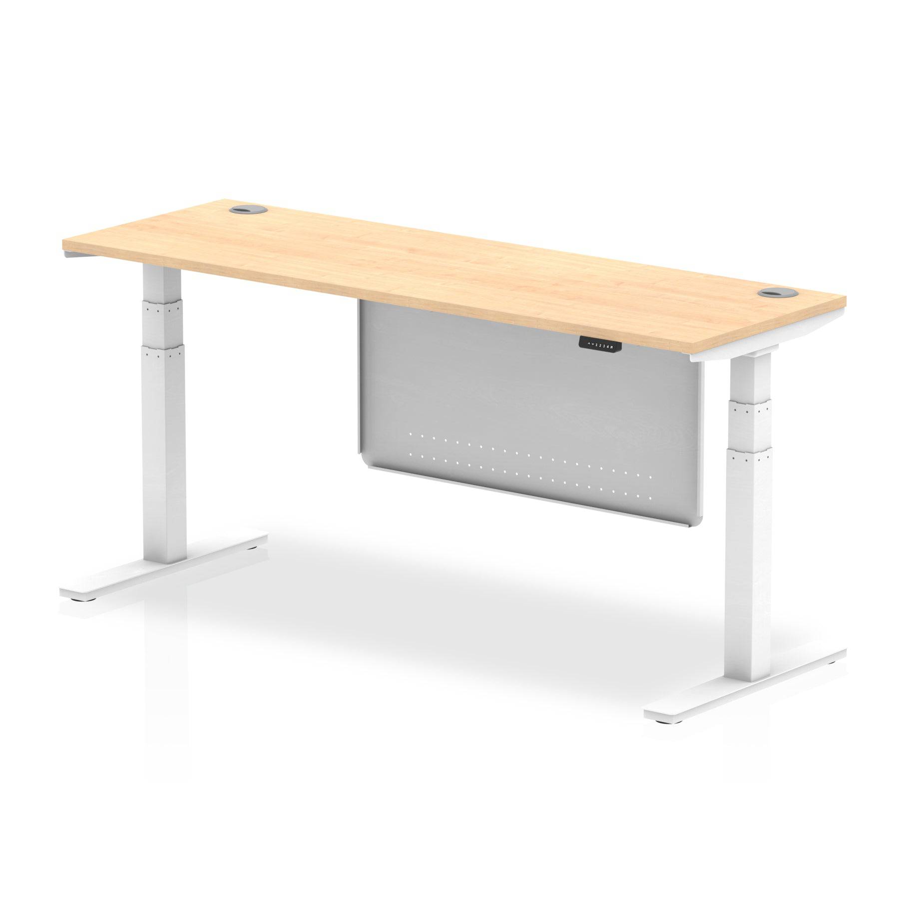 Air Modesty 600mm Height Adjustable Office Desk Maple Top Cable Ports White Leg With White Steel Modesty Panel - Price Crash Furniture