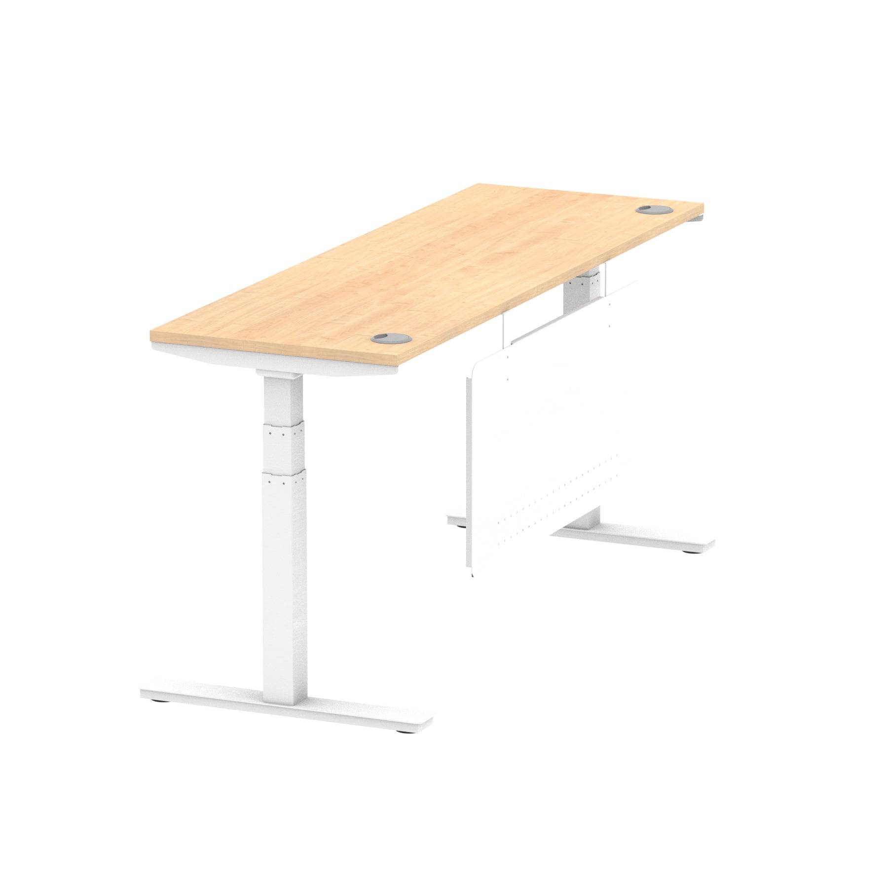 Air Modesty 600mm Height Adjustable Office Desk Maple Top Cable Ports White Leg With White Steel Modesty Panel - Price Crash Furniture