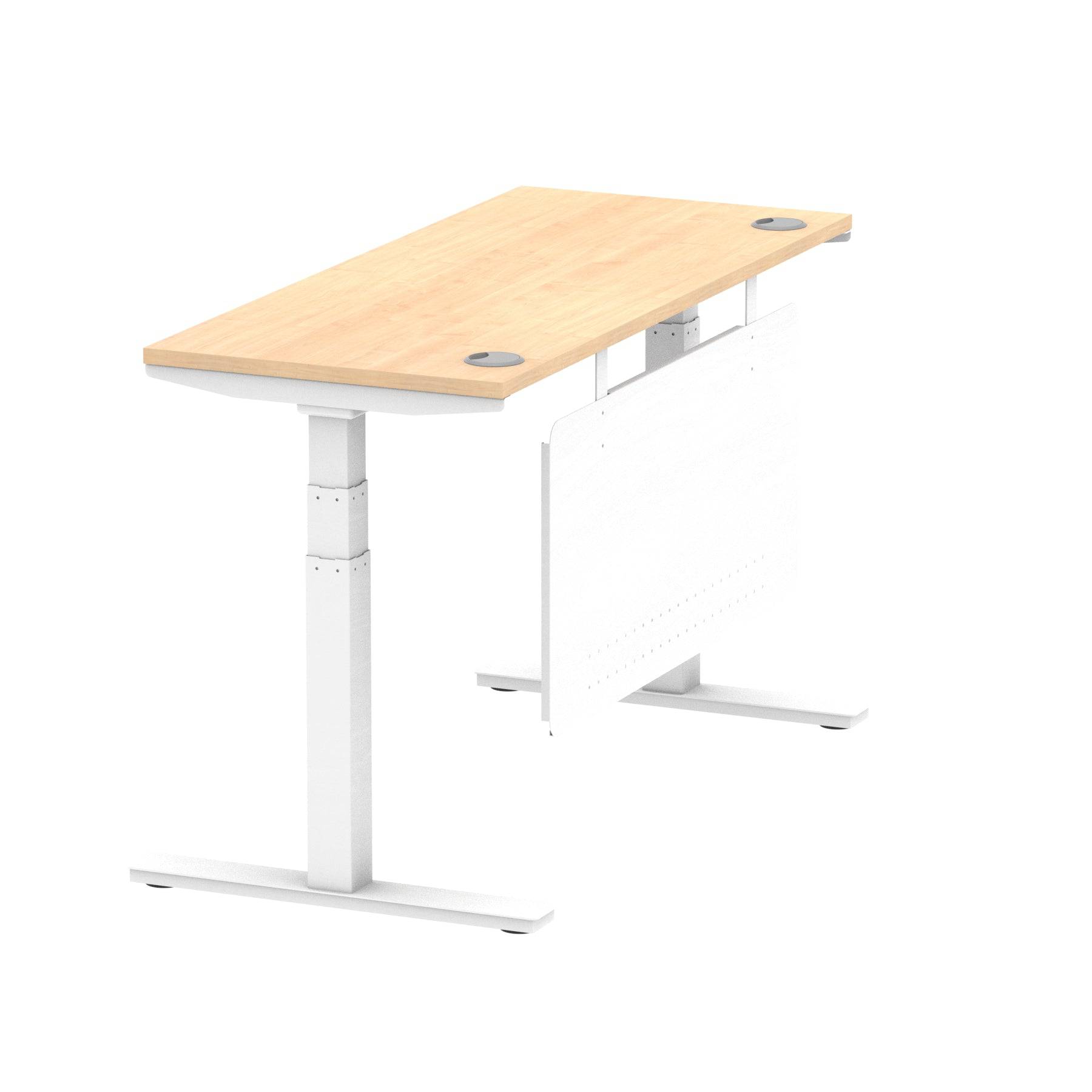 Air Modesty 600mm Height Adjustable Office Desk Maple Top Cable Ports White Leg With White Steel Modesty Panel - Price Crash Furniture