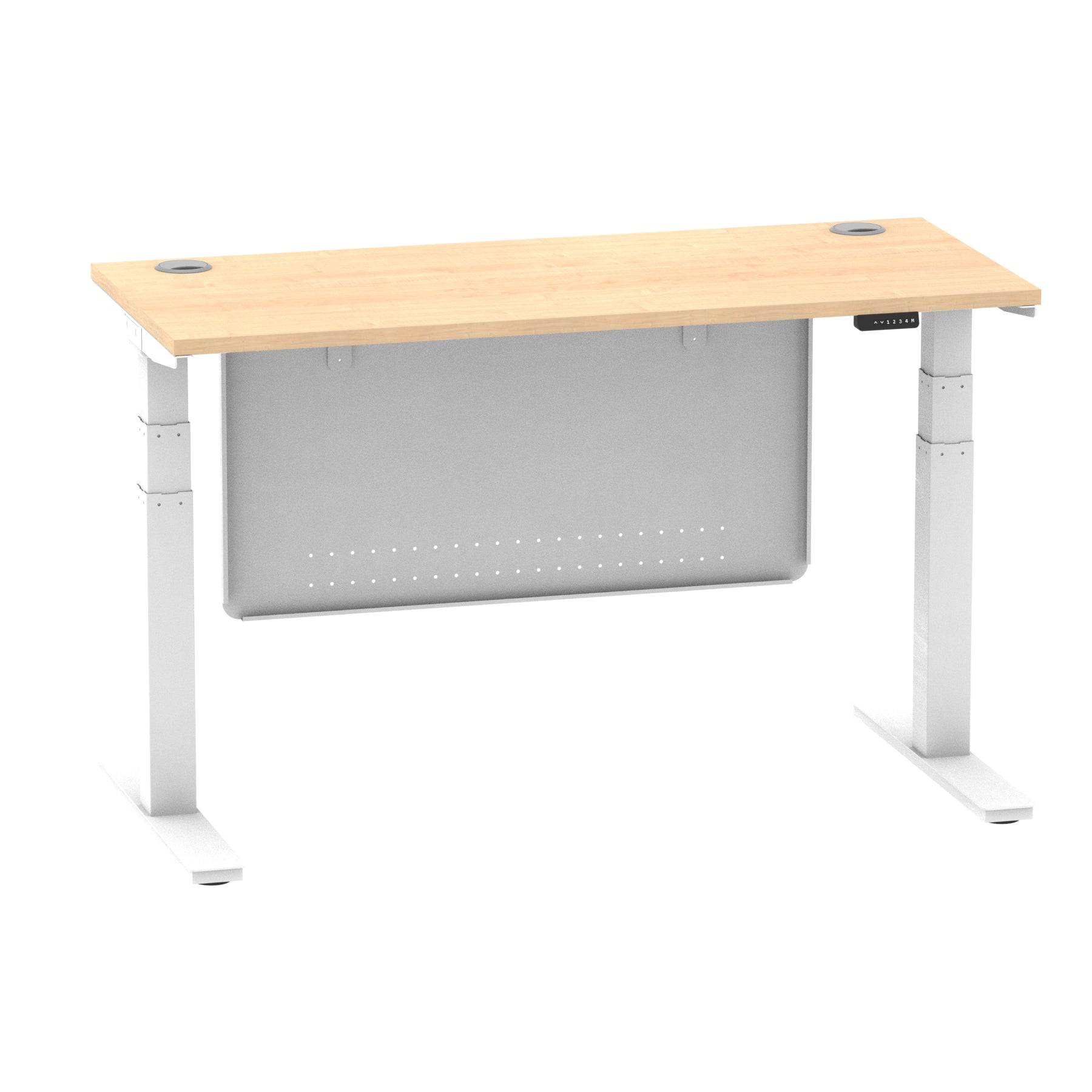 Air Modesty 600mm Height Adjustable Office Desk Maple Top Cable Ports White Leg With White Steel Modesty Panel - Price Crash Furniture