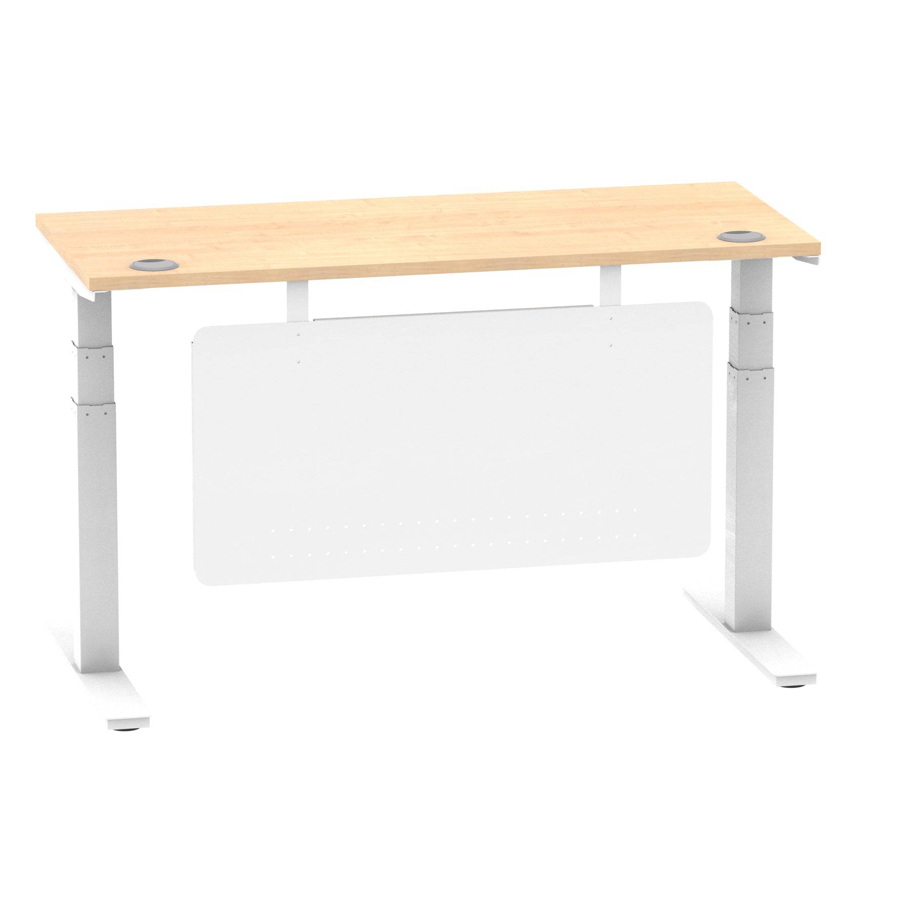 Air Modesty 600mm Height Adjustable Office Desk Maple Top Cable Ports White Leg With White Steel Modesty Panel - Price Crash Furniture