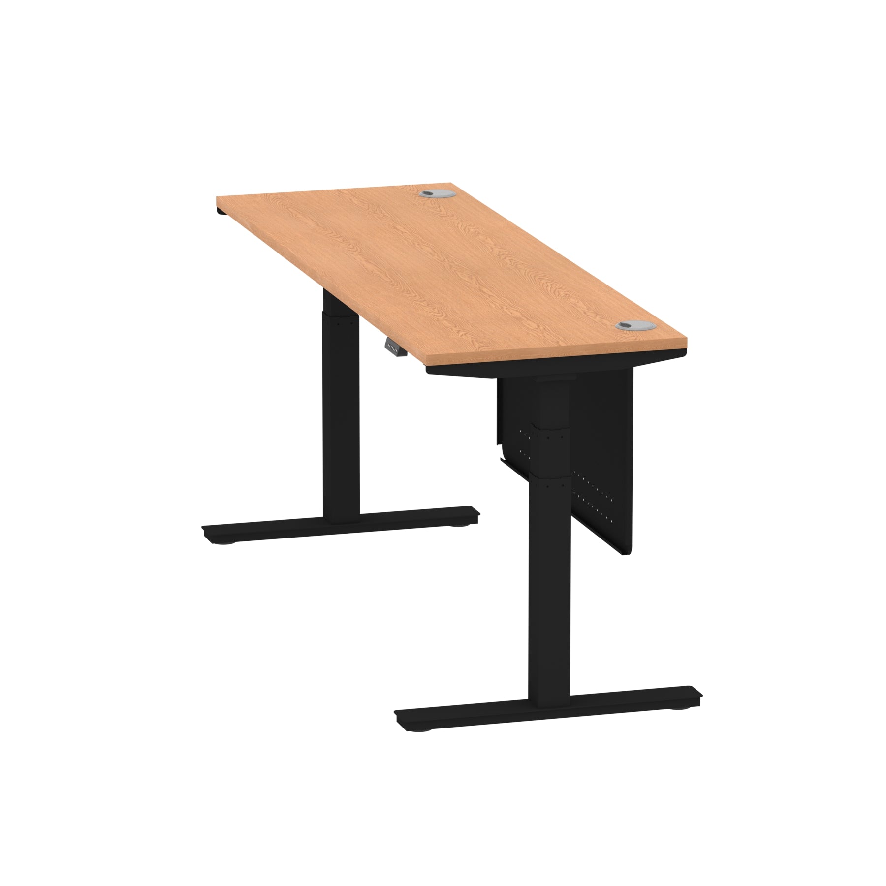 Air Modesty 600mm Height Adjustable Office Desk Oak Top Cable Ports Black Leg With Black Steel Modesty Panel - Price Crash Furniture