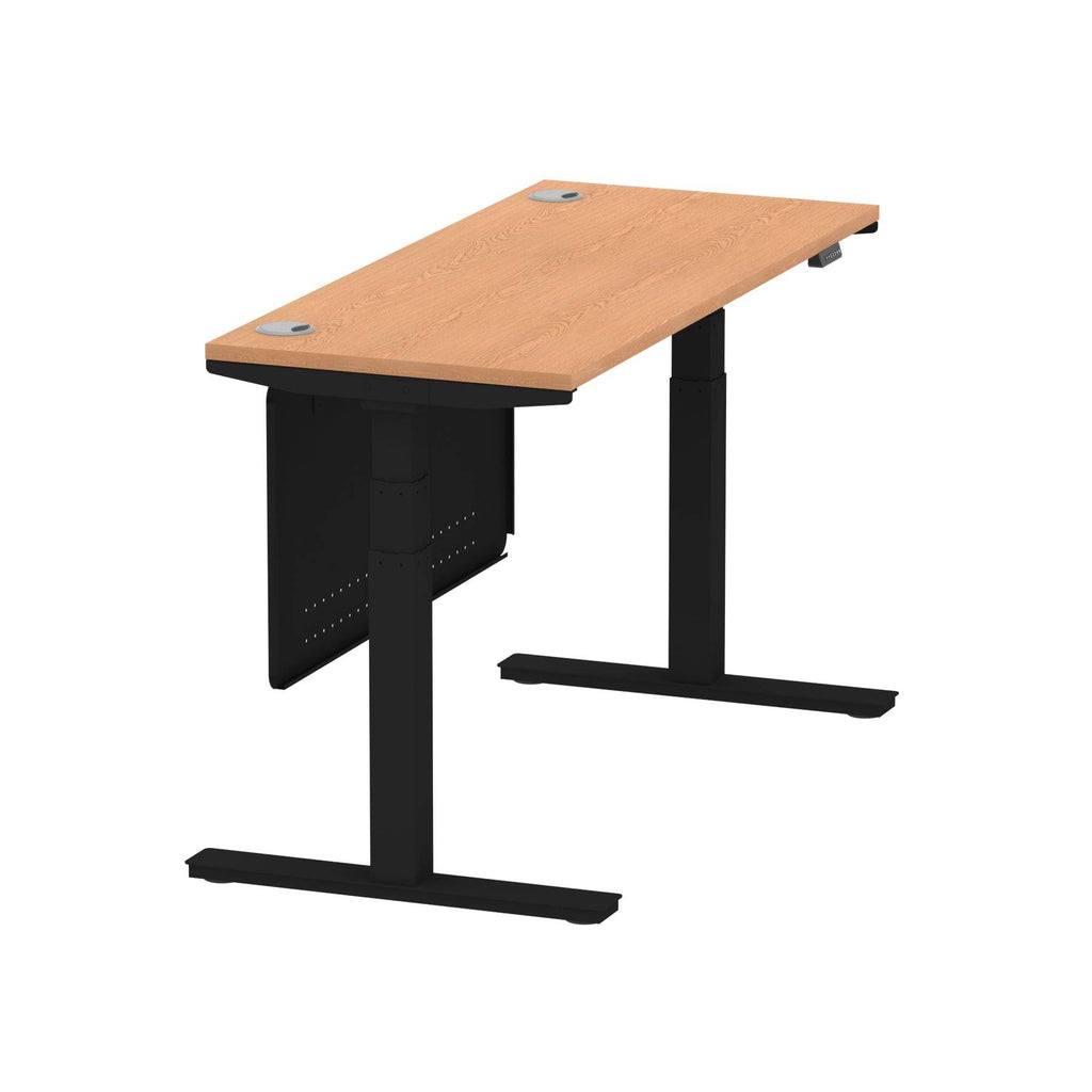 Air Modesty 600mm Height Adjustable Office Desk Oak Top Cable Ports Black Leg With Black Steel Modesty Panel - Price Crash Furniture