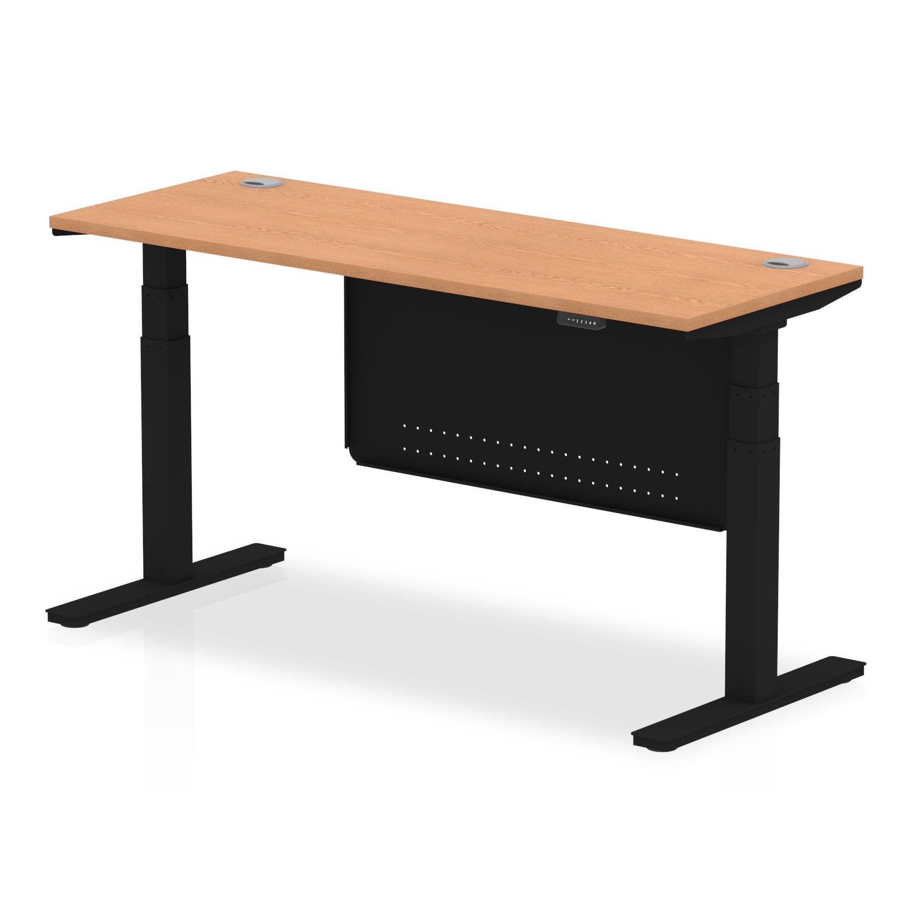 Air Modesty 600mm Height Adjustable Office Desk Oak Top Cable Ports Black Leg With Black Steel Modesty Panel - Price Crash Furniture