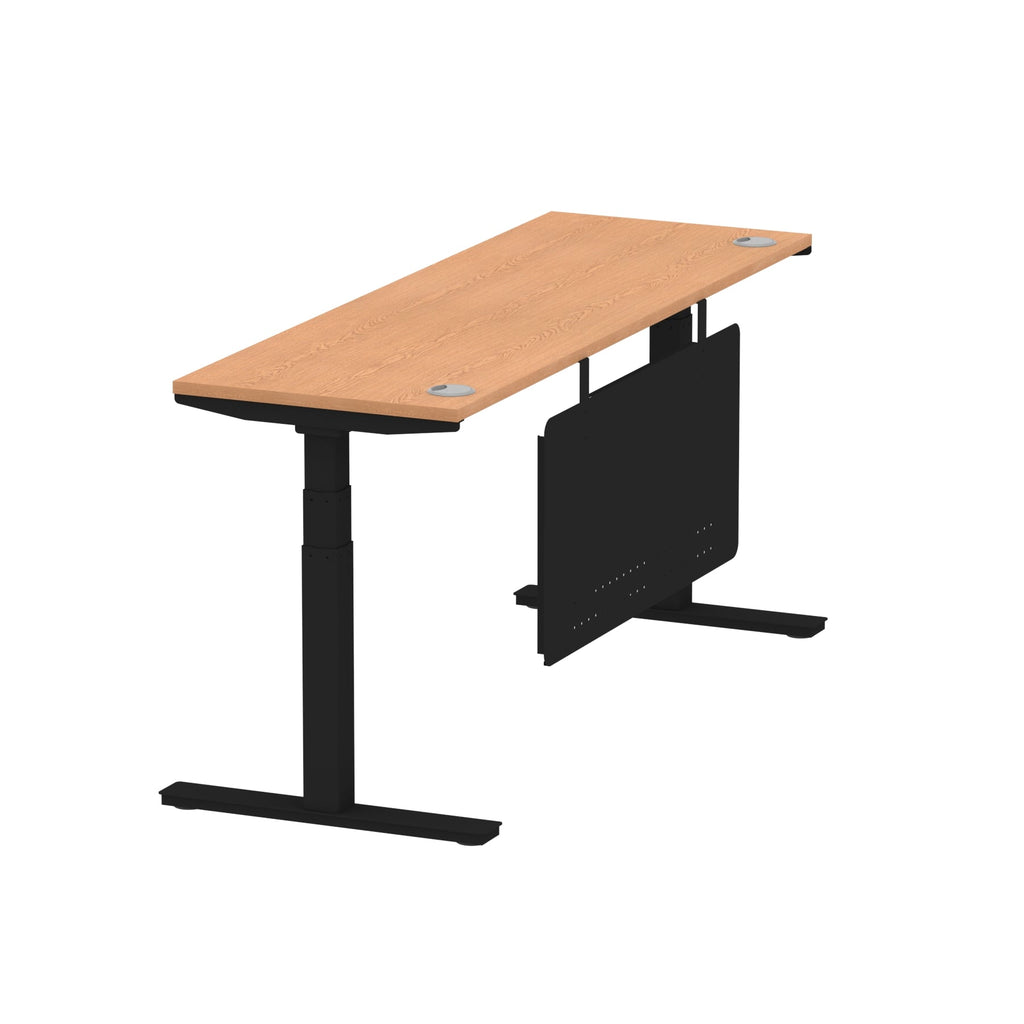 Air Modesty 600mm Height Adjustable Office Desk Oak Top Cable Ports Black Leg With Black Steel Modesty Panel - Price Crash Furniture