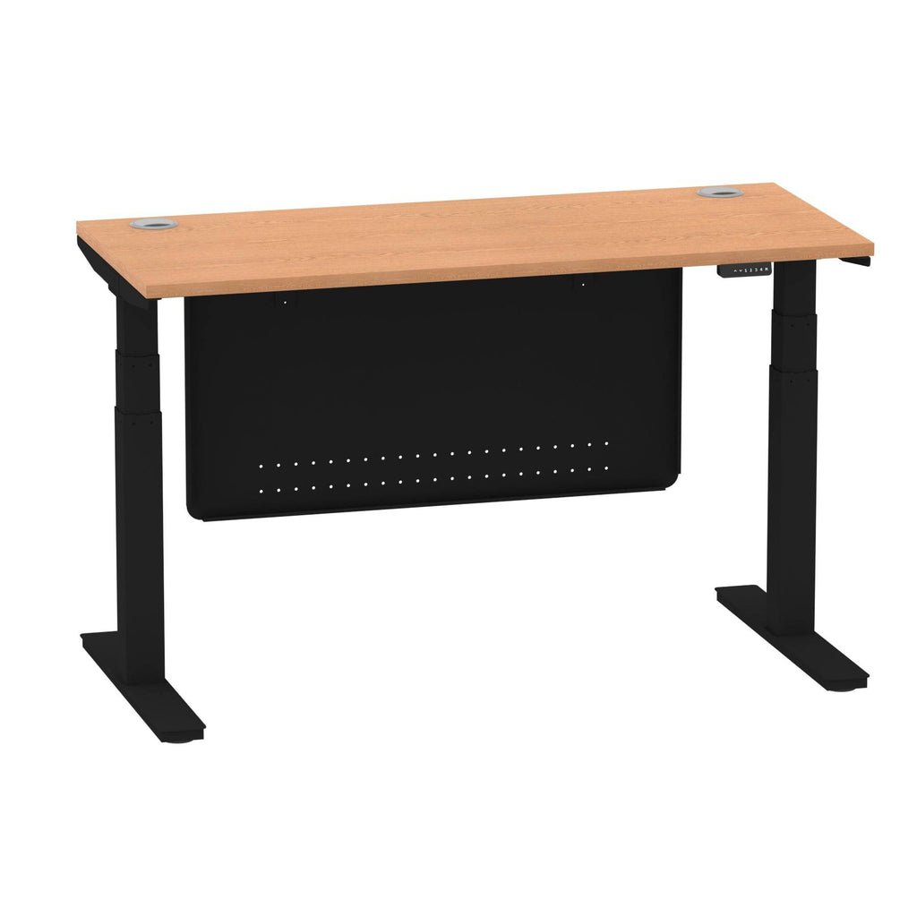 Air Modesty 600mm Height Adjustable Office Desk Oak Top Cable Ports Black Leg With Black Steel Modesty Panel - Price Crash Furniture