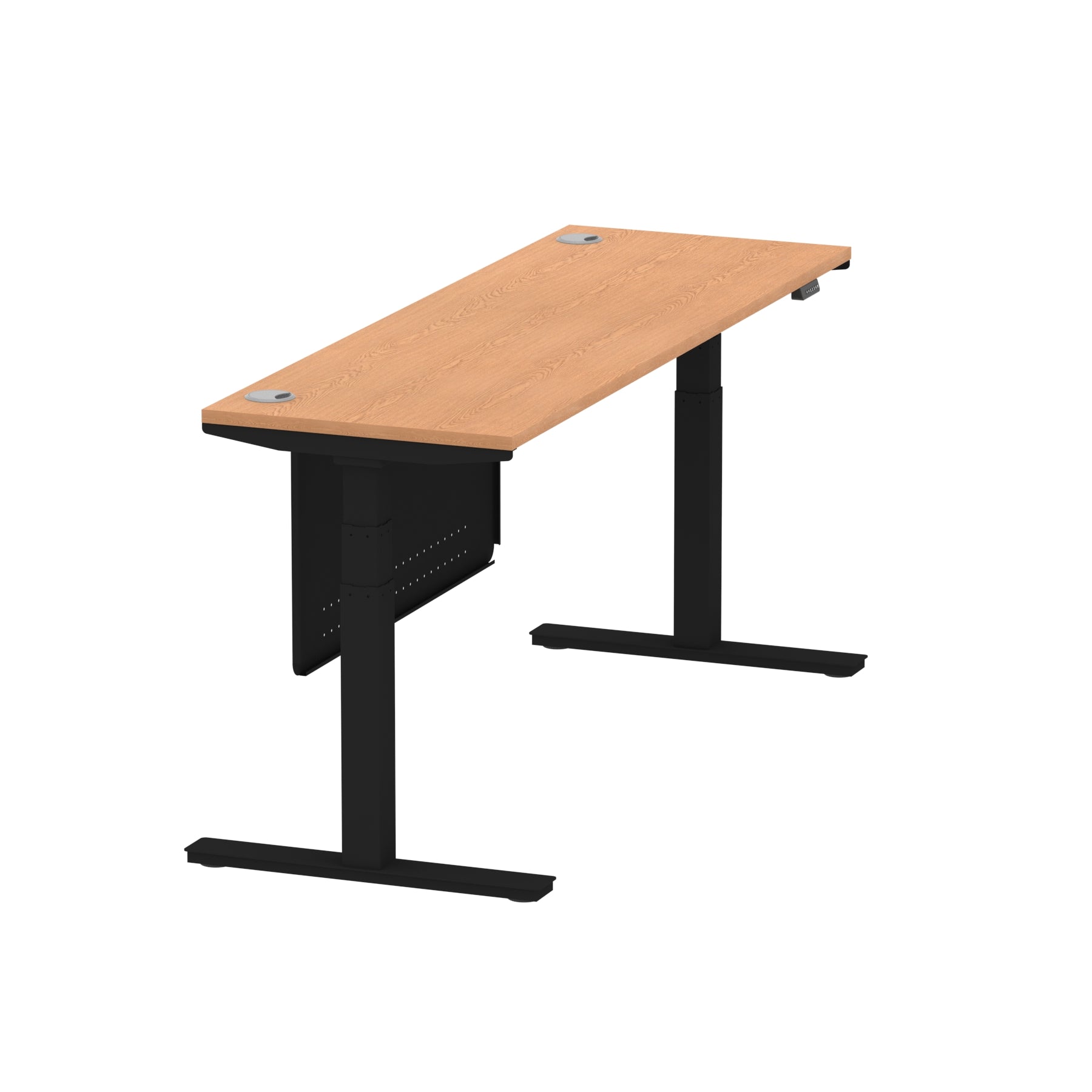 Air Modesty 600mm Height Adjustable Office Desk Oak Top Cable Ports Black Leg With Black Steel Modesty Panel - Price Crash Furniture