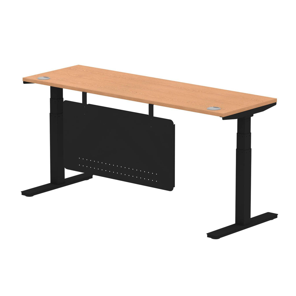 Air Modesty 600mm Height Adjustable Office Desk Oak Top Cable Ports Black Leg With Black Steel Modesty Panel - Price Crash Furniture