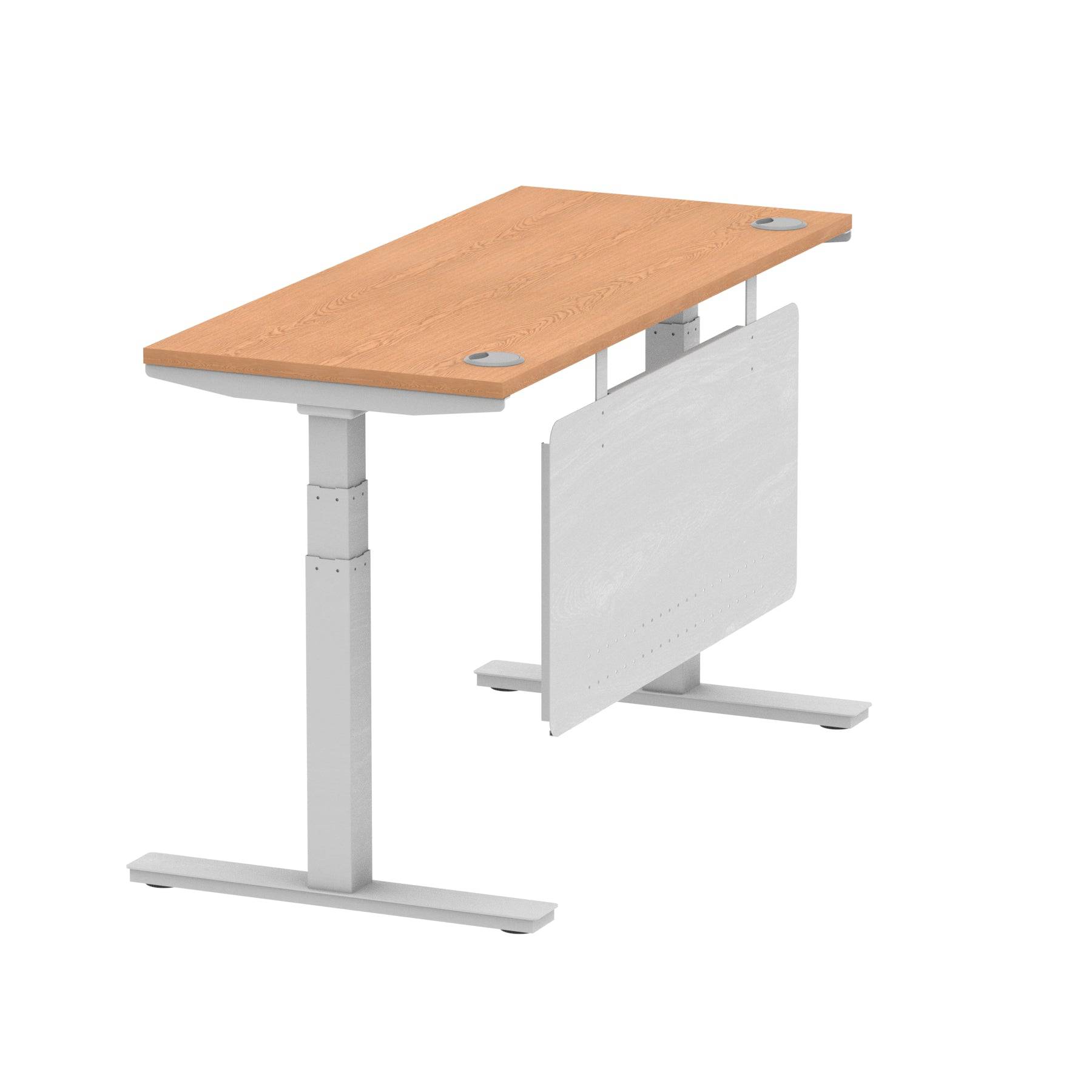 Air Modesty 600mm Height Adjustable Office Desk Oak Top Cable Ports Silver Leg With Silver Steel Modesty Panel - Price Crash Furniture