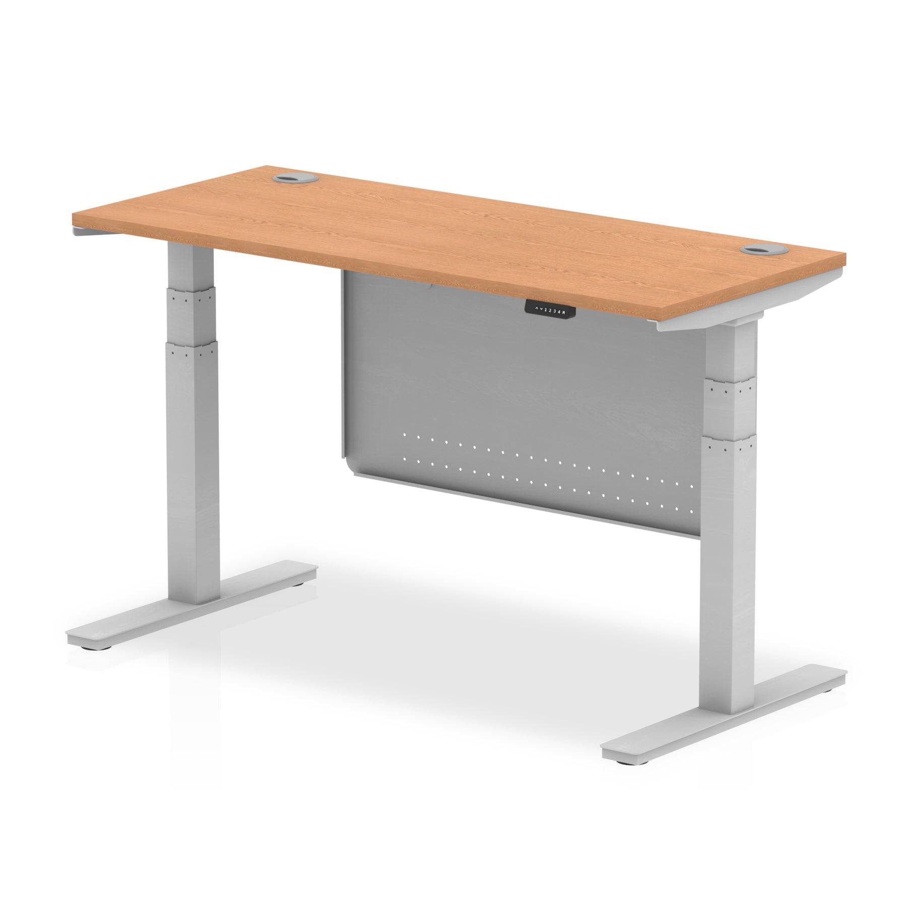 Air Modesty 600mm Height Adjustable Office Desk Oak Top Cable Ports Silver Leg With Silver Steel Modesty Panel - Price Crash Furniture