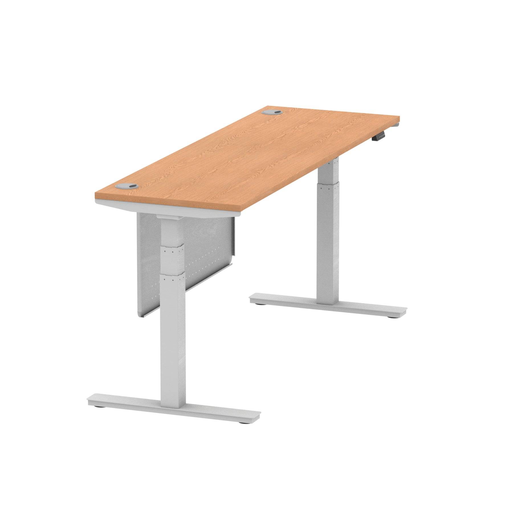 Air Modesty 600mm Height Adjustable Office Desk Oak Top Cable Ports Silver Leg With Silver Steel Modesty Panel - Price Crash Furniture