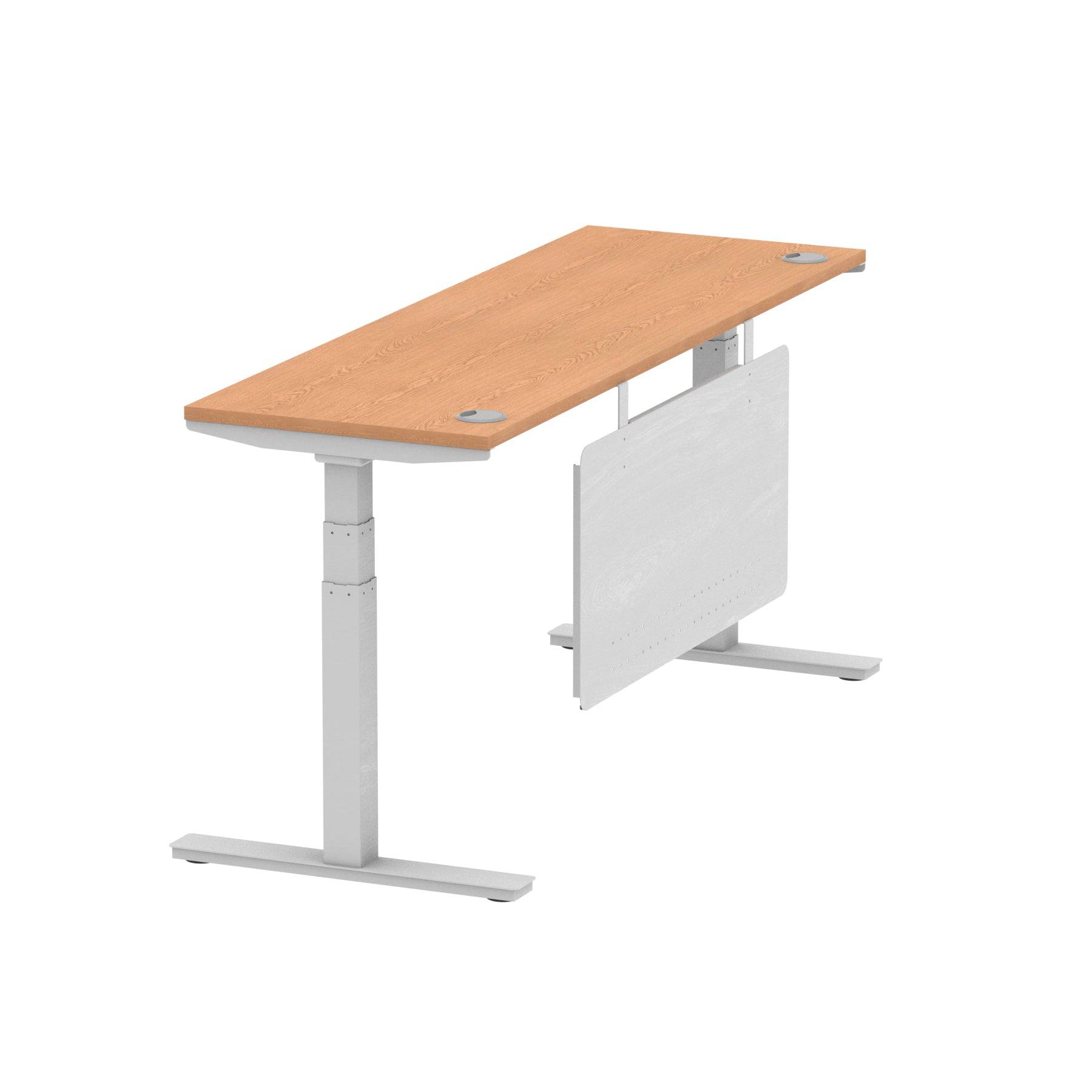 Air Modesty 600mm Height Adjustable Office Desk Oak Top Cable Ports Silver Leg With Silver Steel Modesty Panel - Price Crash Furniture