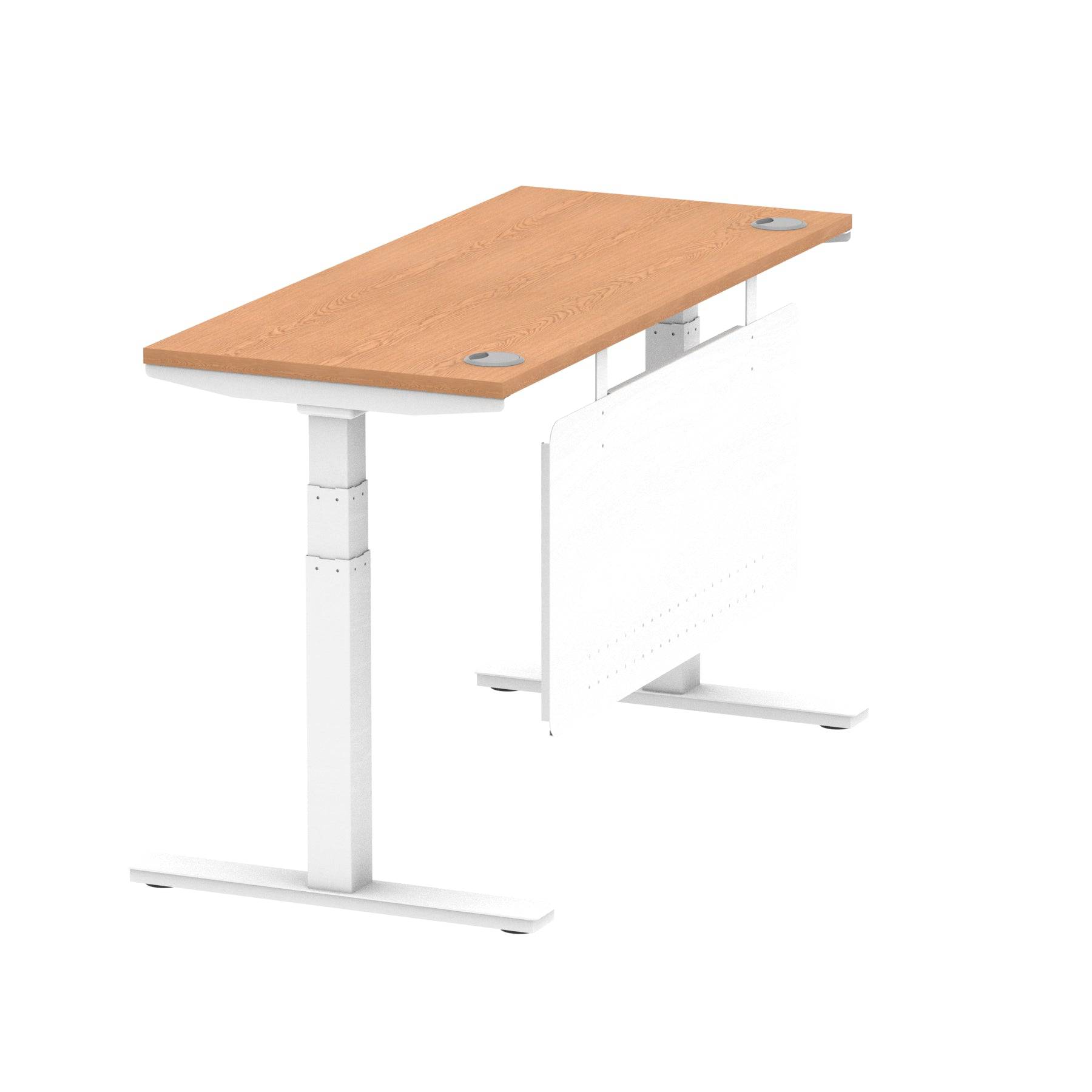 Air Modesty 600mm Height Adjustable Office Desk Oak Top Cable Ports White Leg With White Steel Modesty Panel - Price Crash Furniture