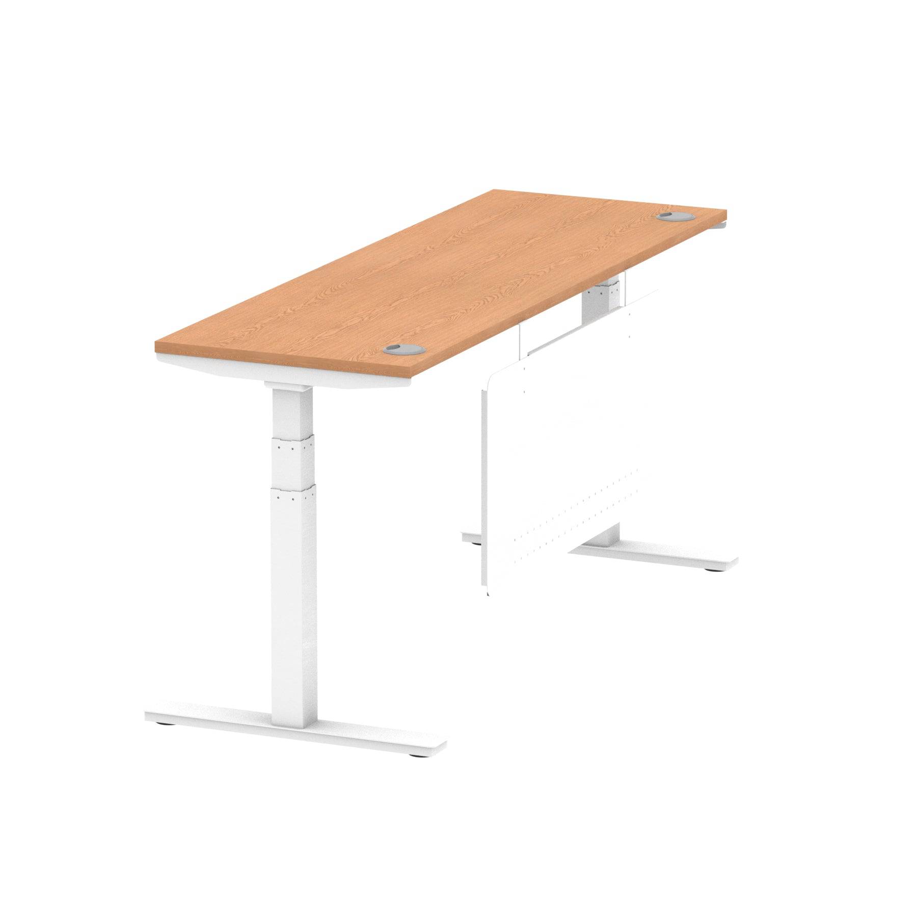 Air Modesty 600mm Height Adjustable Office Desk Oak Top Cable Ports White Leg With White Steel Modesty Panel - Price Crash Furniture