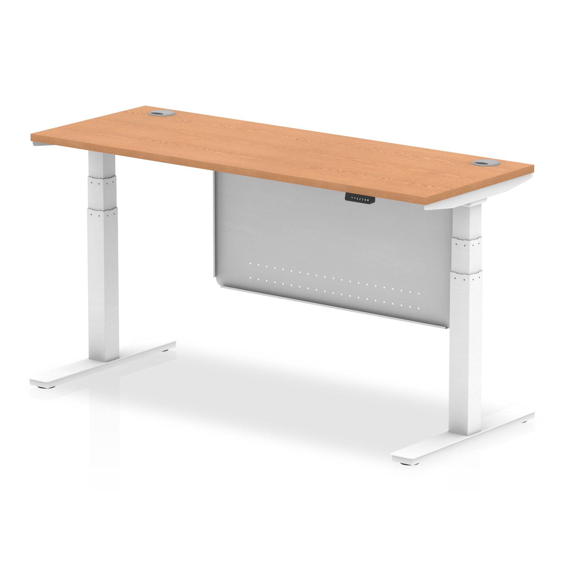 Air Modesty 600mm Height Adjustable Office Desk Oak Top Cable Ports White Leg With White Steel Modesty Panel - Price Crash Furniture