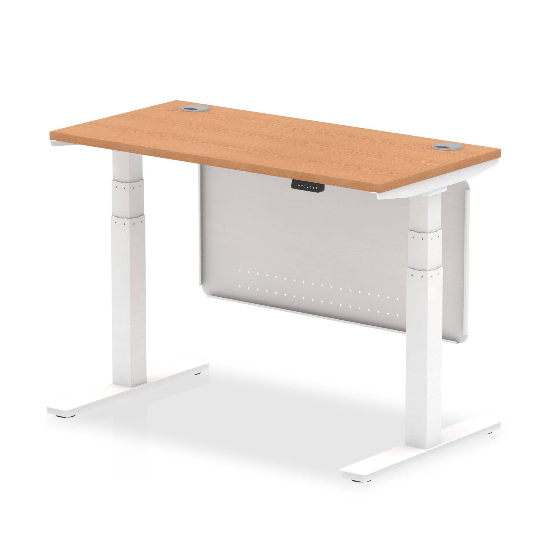 Air Modesty 600mm Height Adjustable Office Desk Oak Top Cable Ports White Leg With White Steel Modesty Panel - Price Crash Furniture