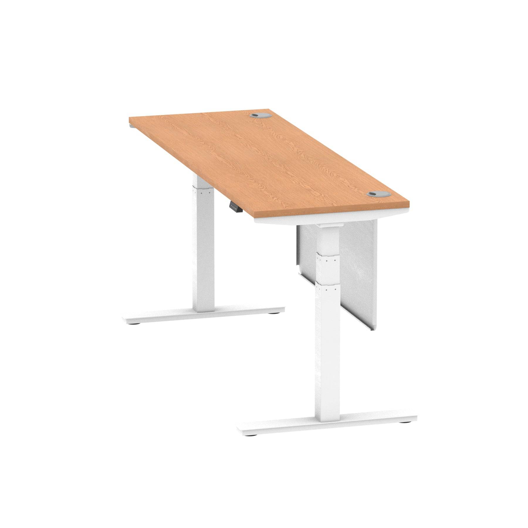 Air Modesty 600mm Height Adjustable Office Desk Oak Top Cable Ports White Leg With White Steel Modesty Panel - Price Crash Furniture