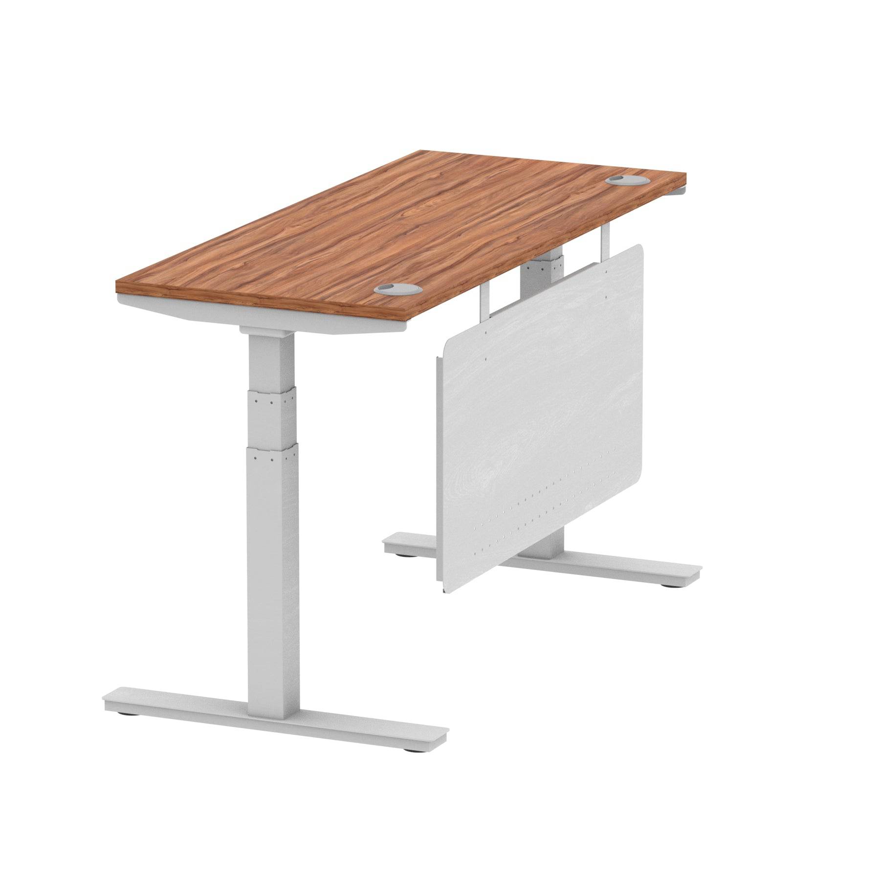 Air Modesty 600mm Height Adjustable Office Desk Walnut Top Cable Ports Silver Leg With Silver Steel Modesty Panel - Price Crash Furniture