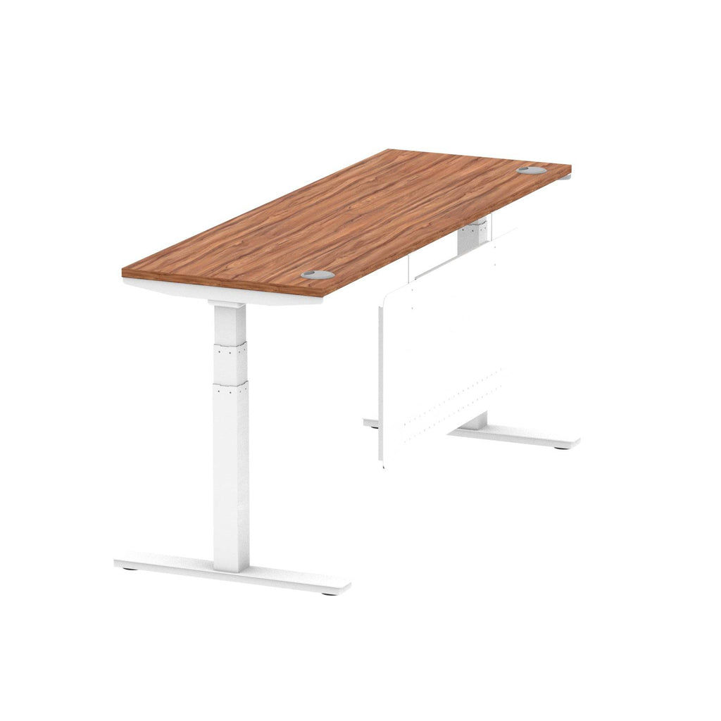 Air Modesty 600mm Height Adjustable Office Desk Walnut Top Cable Ports White Leg With White Steel Modesty Panel - Price Crash Furniture